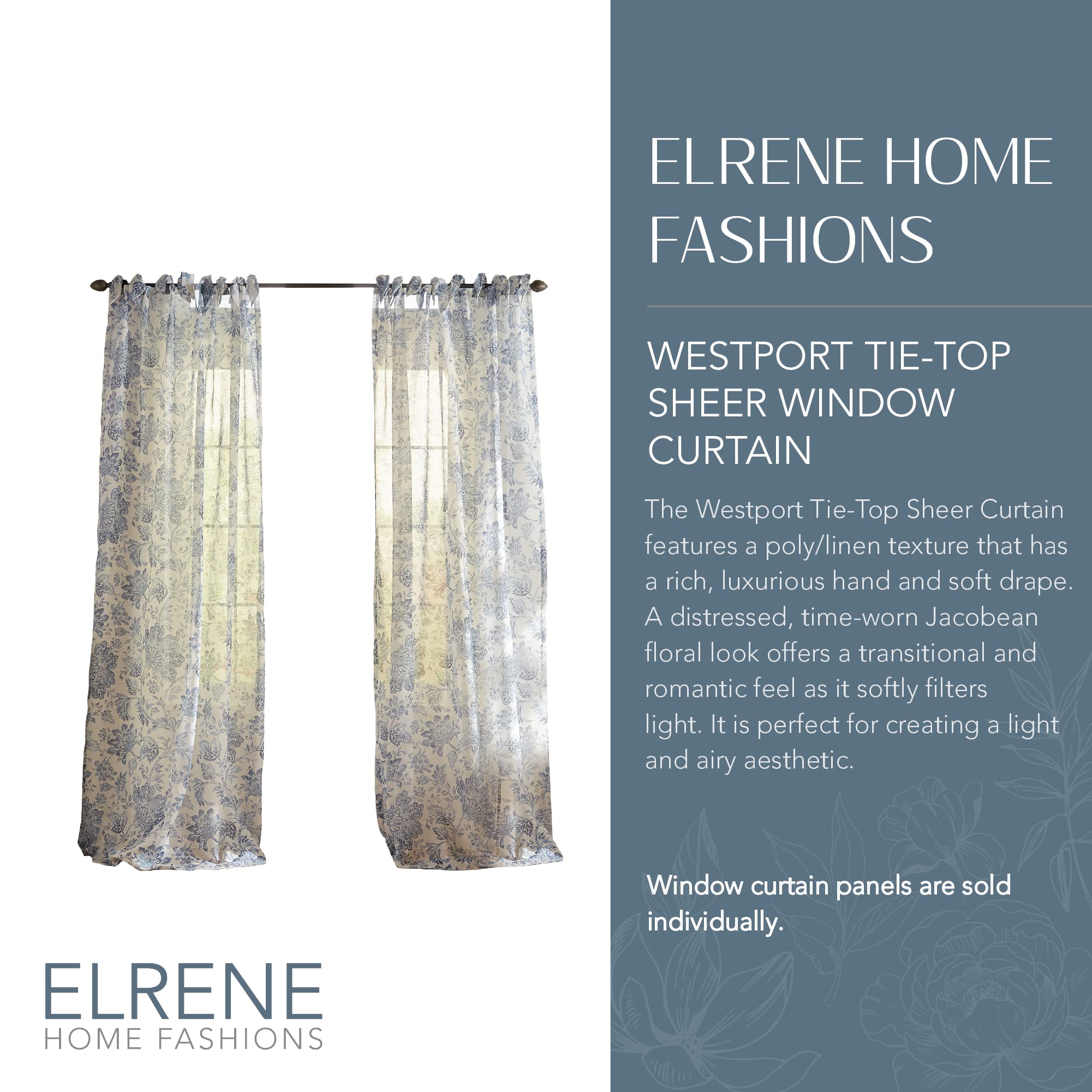 Elrene Floral Tie-Top Sheer Window Curtain Panel, Poly-Linen Blend, Indigo, 52" W x 84" L (Pack of 1), W 52" x L 84" (1 Panels) - Image 2