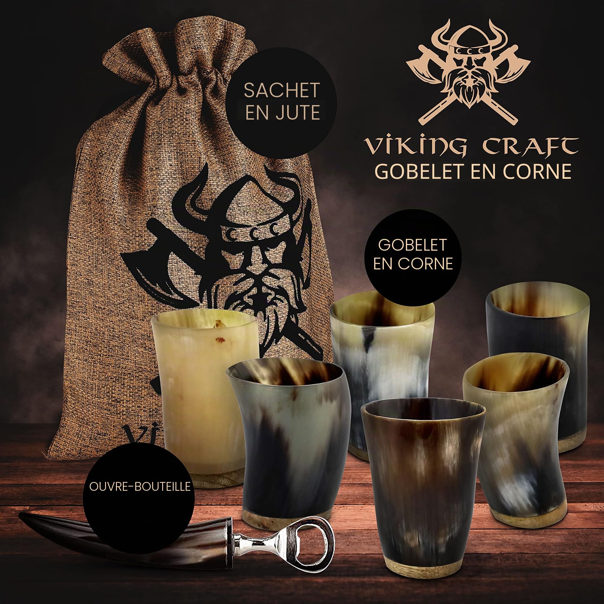 VIKING CRAFT Lot de 6 Gobelets en Corne à Boire - 80 ml + Décapsuleur - Décoration et Cadeau Viking pour Hommes et Femmes, Article de Fan