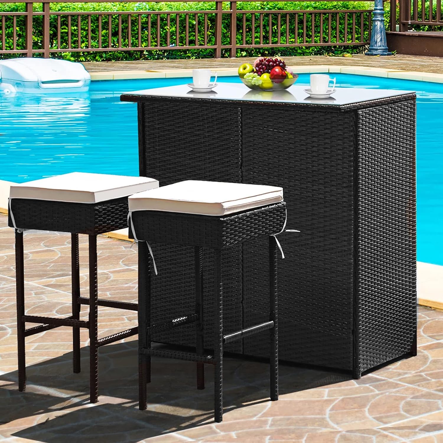 Outdoor Bar 3-Piece Patio Bar Set with Two Stools and Glass Top Bar Table Brown Wicker Patio Furniture with Removable Cushions