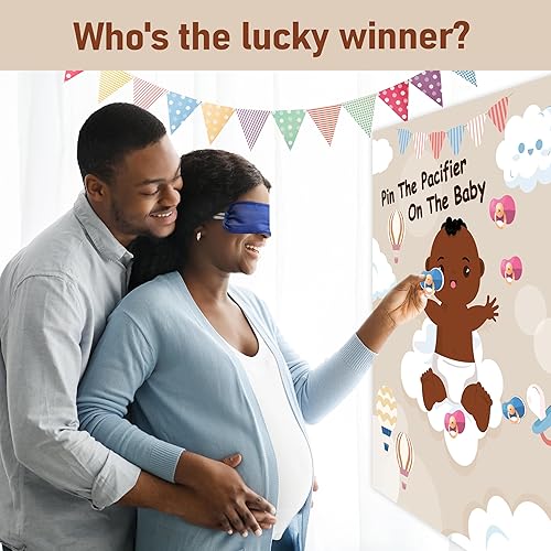 Miniatura 4 de SUNALETTA Juegos de baby shower para niños y niñas, Pin The Chupete en el juego de bebé afroamericano, divertido revelación de género Baby Shower