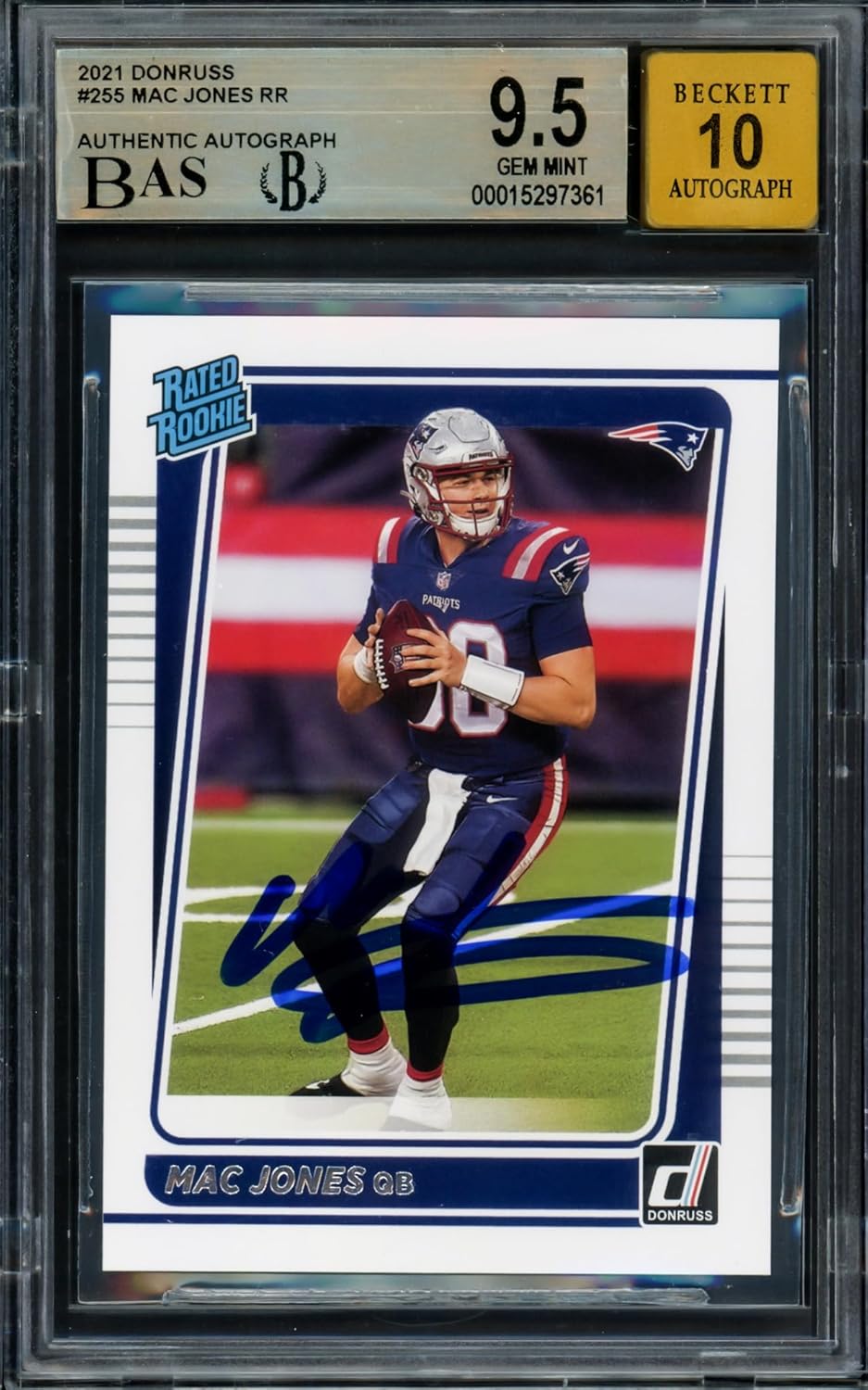 Mac Jones Autographed 2021 D.o.n.r.u.s.s Rated Rookie Football Card #255 Patriots BGS 9.5 Auto Grade Gem Mint 10 Beckett BAS Stock #211836