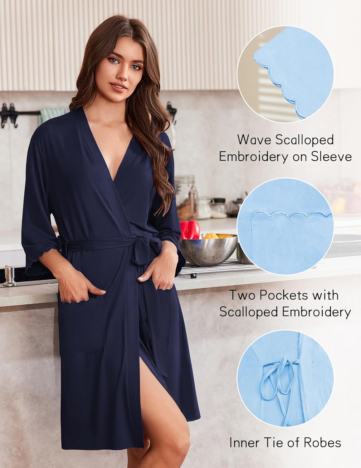 Ekouaer Robes for Women Knee Length Kimono Bathrobe Lightweight 3/4 Sleeve Sleepwear Soft Loungewear with Pockets S-XXL - Image 2