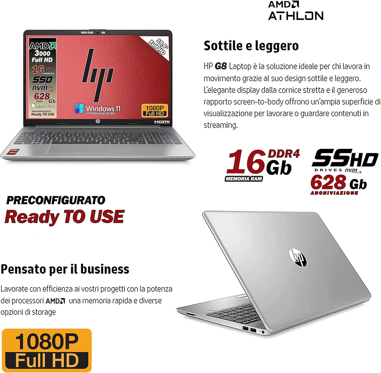 HP 255 G8 notebook portatile, ram 16 gb ddr4, sshd da 628 gb display fullhd 15.6, amd 3020, Wi-fi, 3 usb, Win 11 pro, libre office, pronto alluso