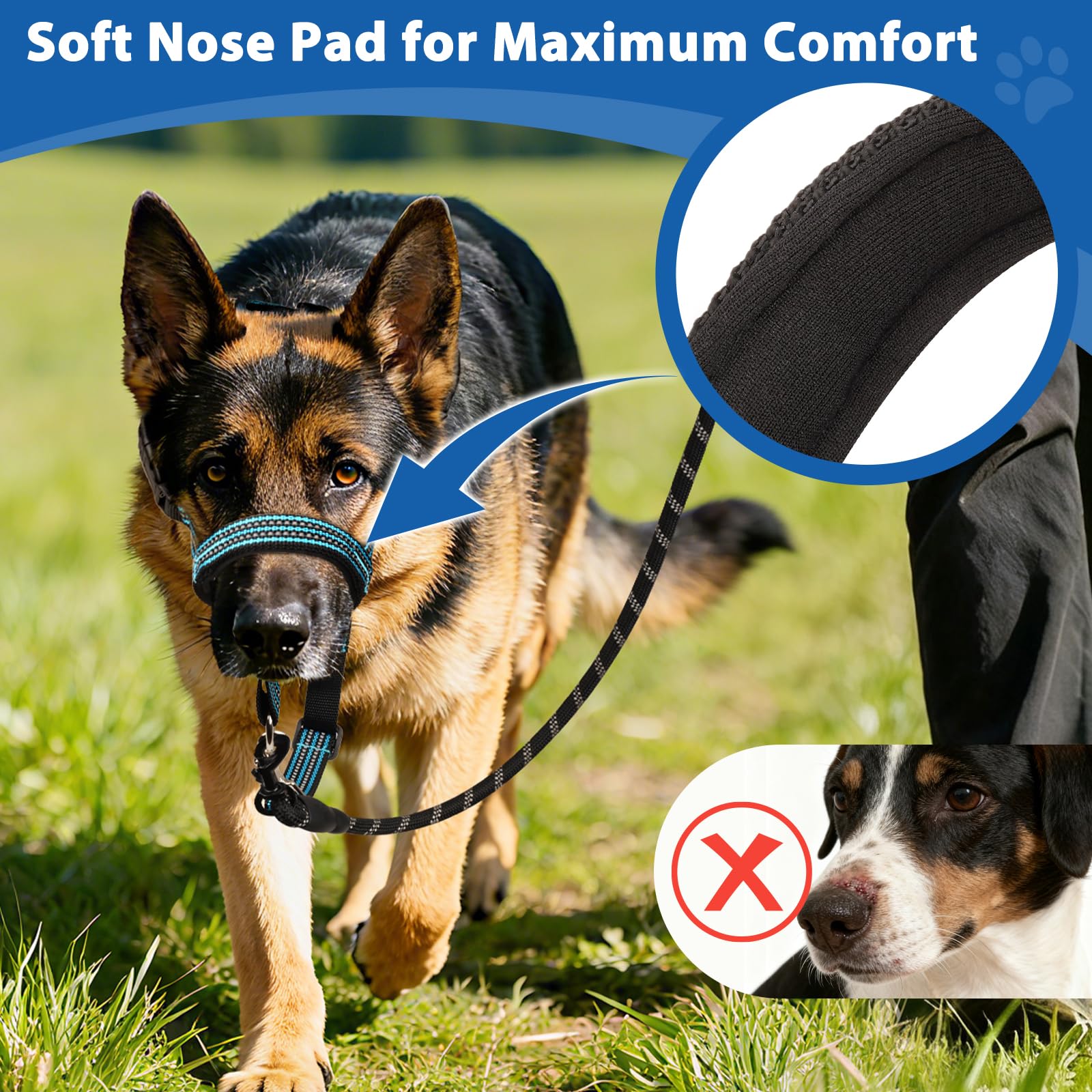 BARKLESS No Pull Dog Head Collar for Gentle Training Walking, Soft Padded Head Halter with Collar Safety Clip, Comfortable Fit Muzzle Leash with Reflective Strap for Medium Large Dog (Blue, L) - image 2