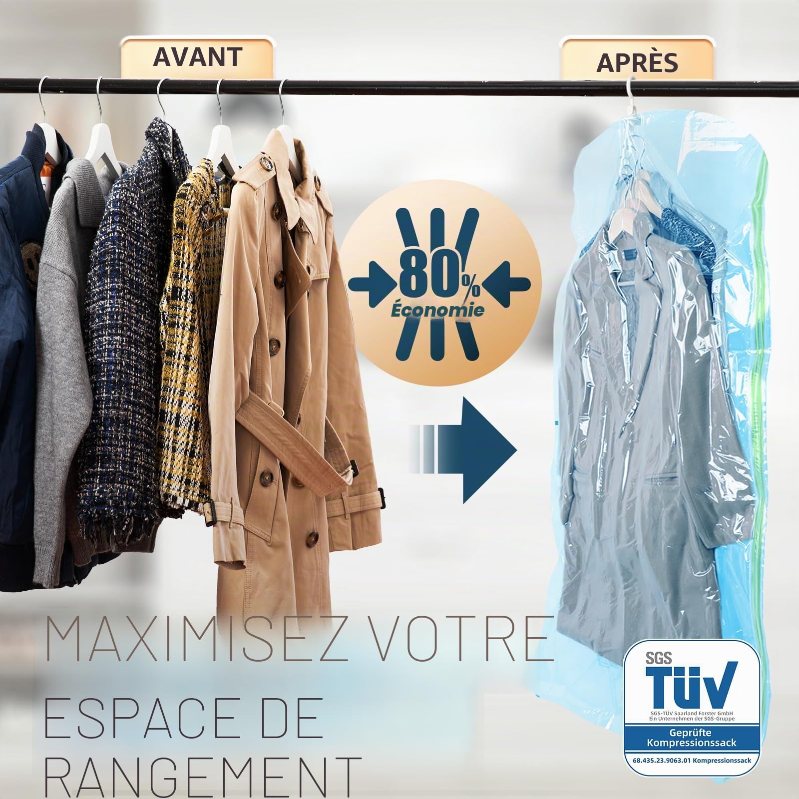 TAILI Sacs de Rangement sous Vide Suspendus pour vêtements, Housse sous Vide pour costumes, manteaux, vestes, Economisez 80% d'espace organisateur de placard Sacs à Vide, 4 Jumbo