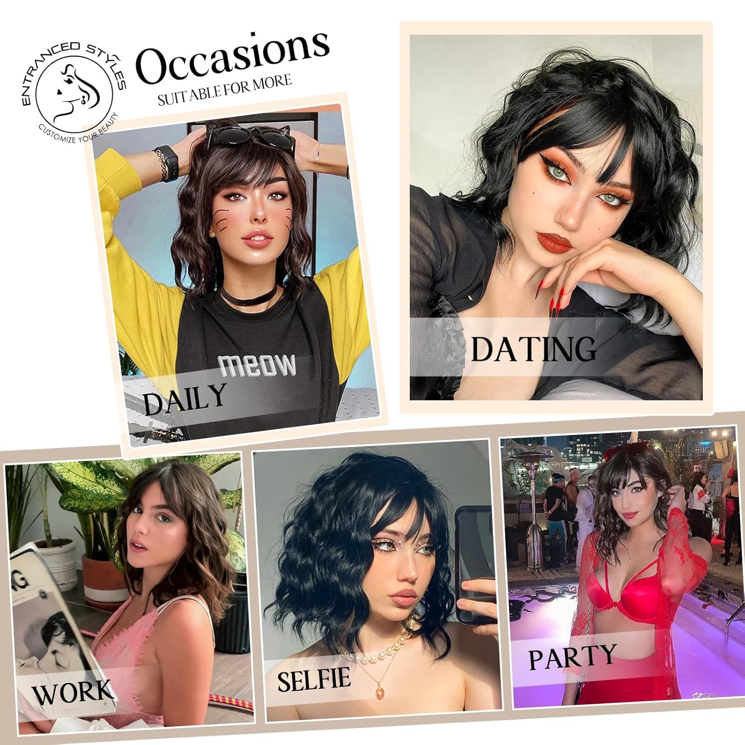 Black Wig for Women Short Wavy Curly Bob Wigs with Bangs 14inch Medium Length Synthetic Chic Hair for Daily Party Wear