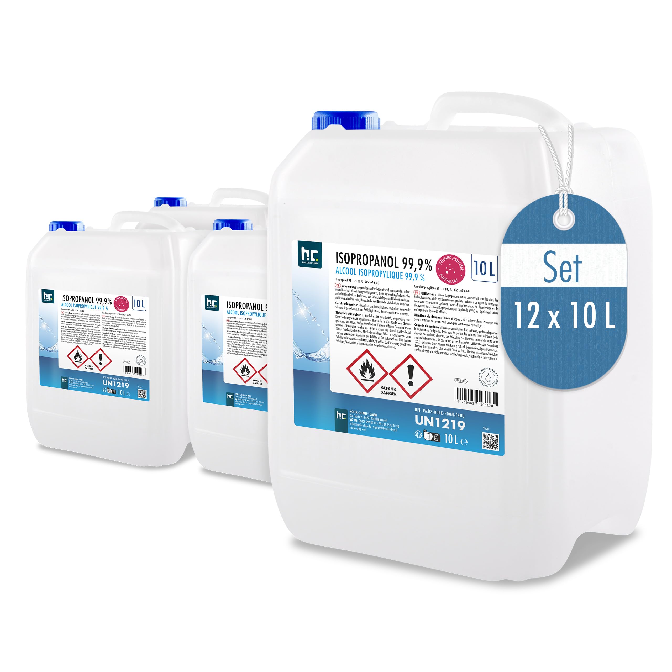 Höfer Chemie Alcool Ispopropylique 12 X 10 L (120 L) - Isopropanol 99,9% (IPA) pour Nettoyer et Dégraisser - Solvant Puissant - Polyvalent