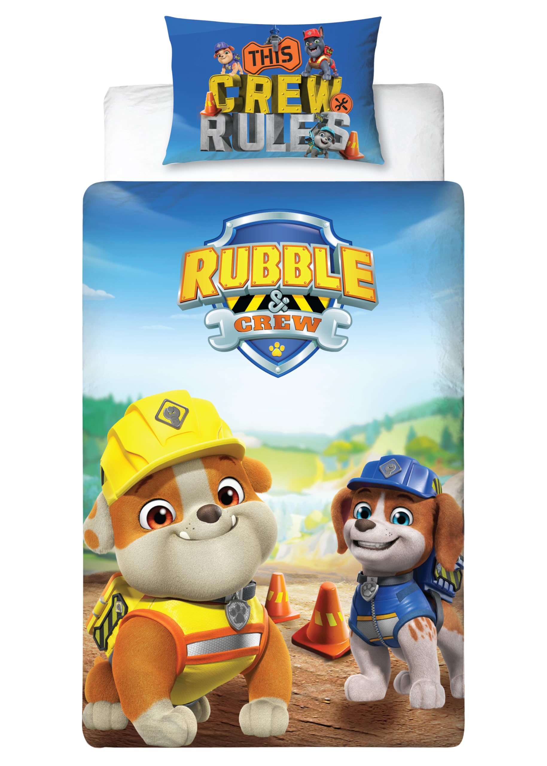 PAW PATROL offiziell lizenziert Rubble und Crew Design einzelne Bettbezug Set | Reversible 2-seitige Hund Bettwäsche einschließlich passender Kissenbezug | Perfekt für Kinder-Schlafzimmer