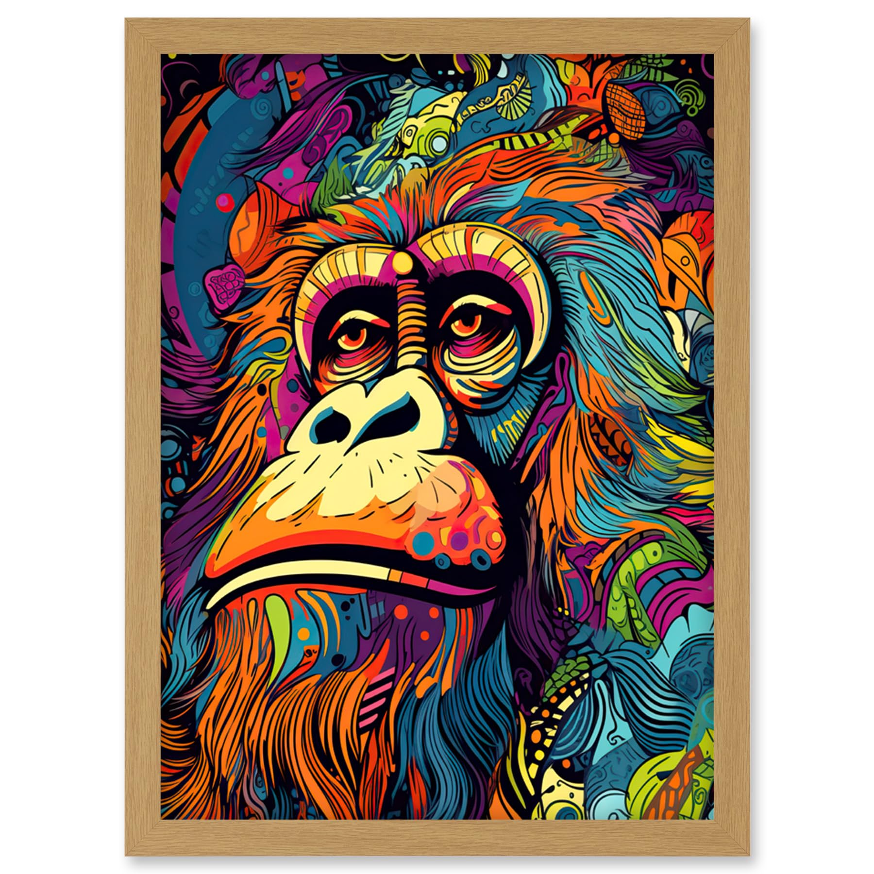 Artery8 Majestic Orangutan Great Ape Colourful Psychedelic Borneo Rainforest Artwork Framed Wall Art Print A4