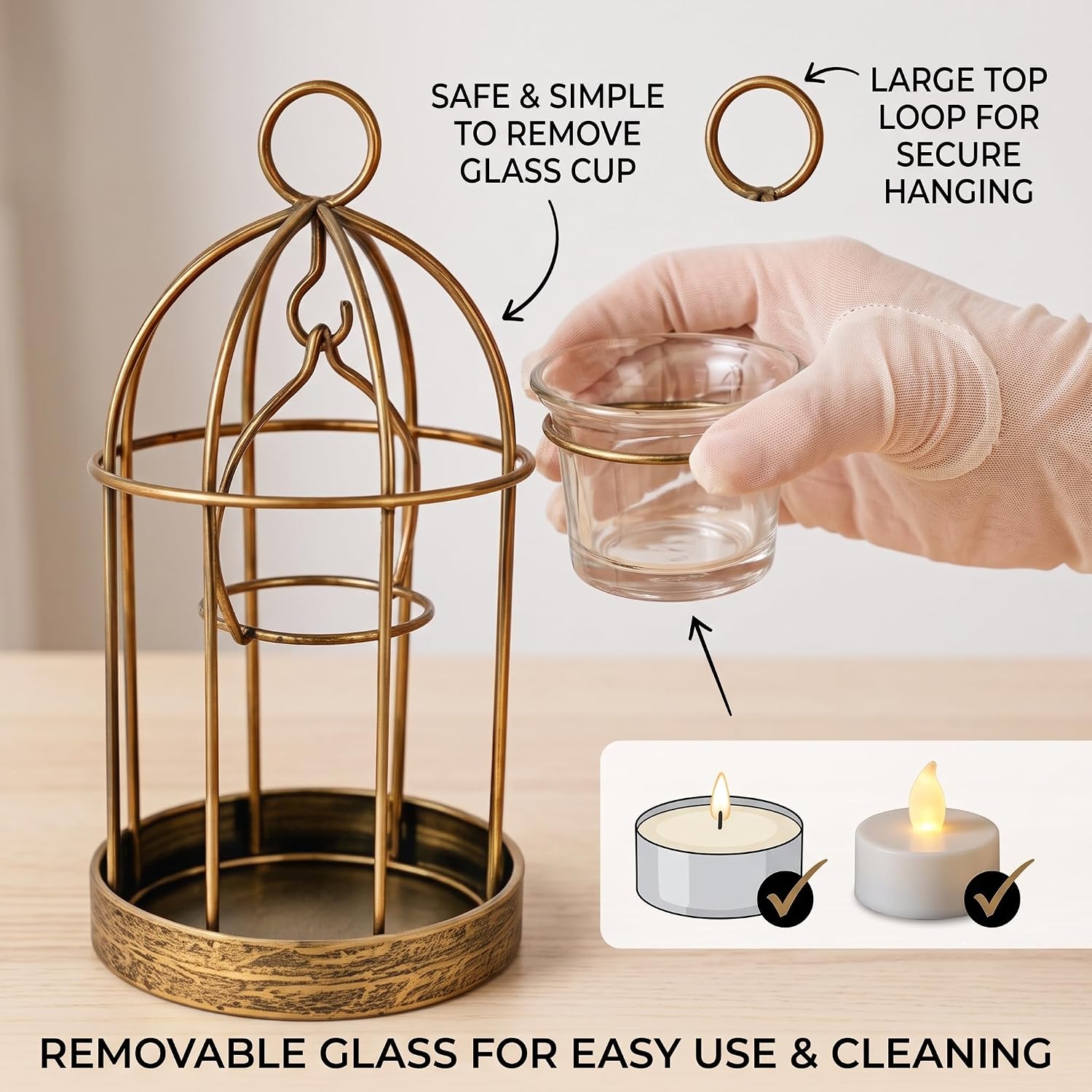 2 Pack Antique Gold Birdcage Candle Holders with Glass Cups