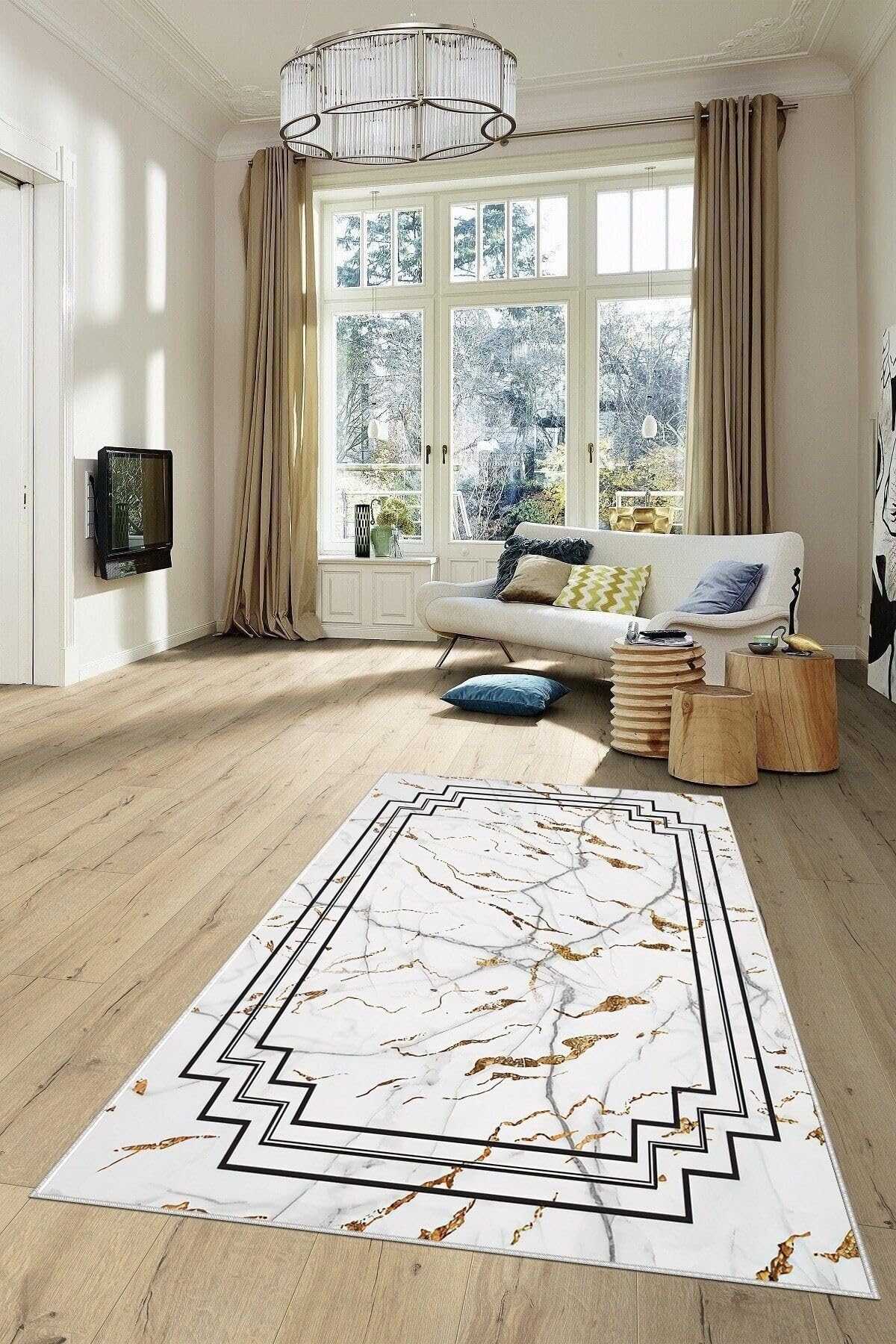 Pelangi Beyaz Mermer Desen Çerçeveli Yıkanabilir Kaymaz Taban Leke Tutmaz Modern Salon Halısı Ve Yolluk, Beyaz 100 x 300