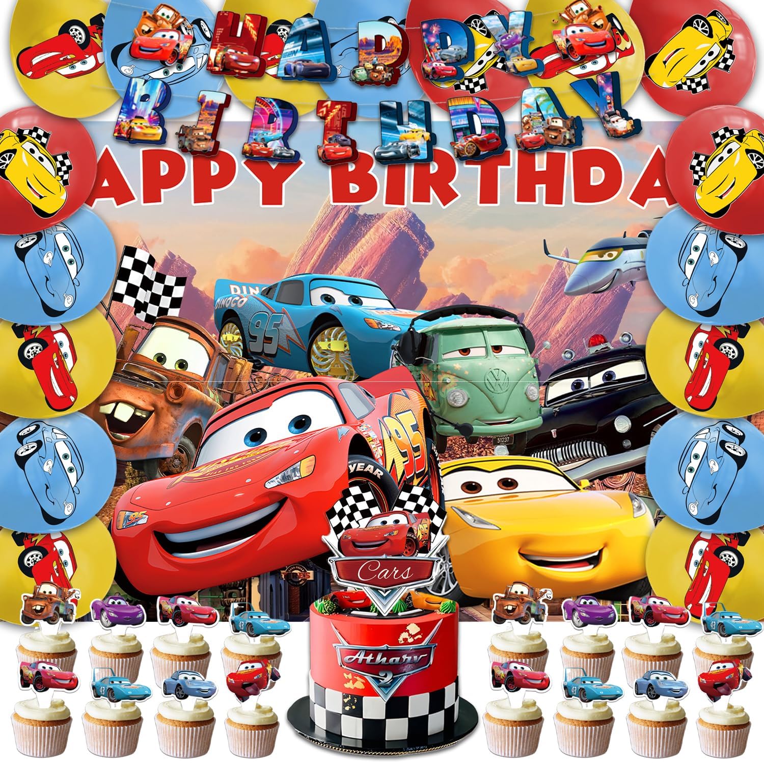 42pcs McQueen Party Decoration Pack Includes，Banner，Cake Topper，Blackdrop,Balloons for Cars party supplies