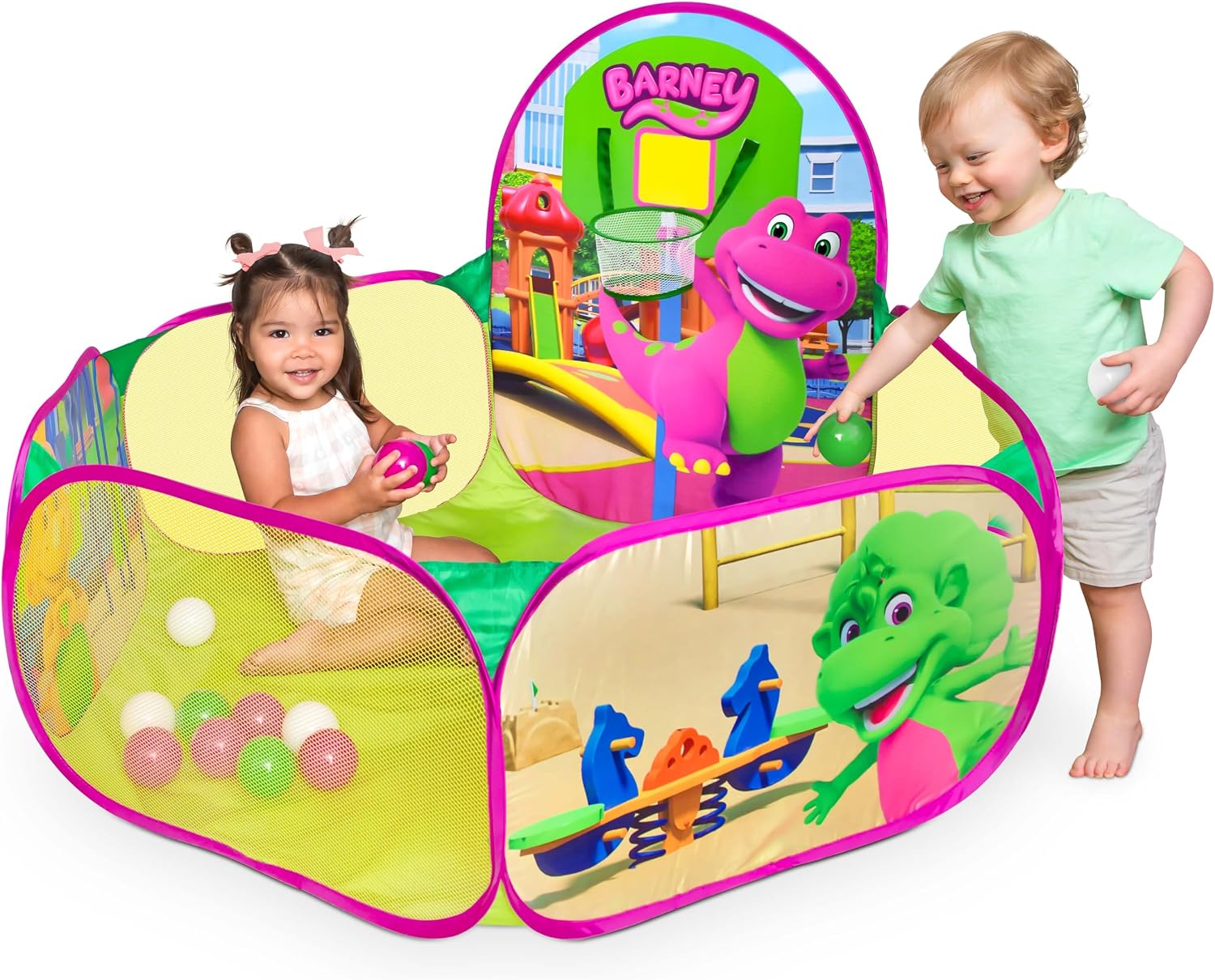Barney Pop Up Playground, Ball Pit with 25 Play Balls and Basketball Hoop, Toddlers 2+