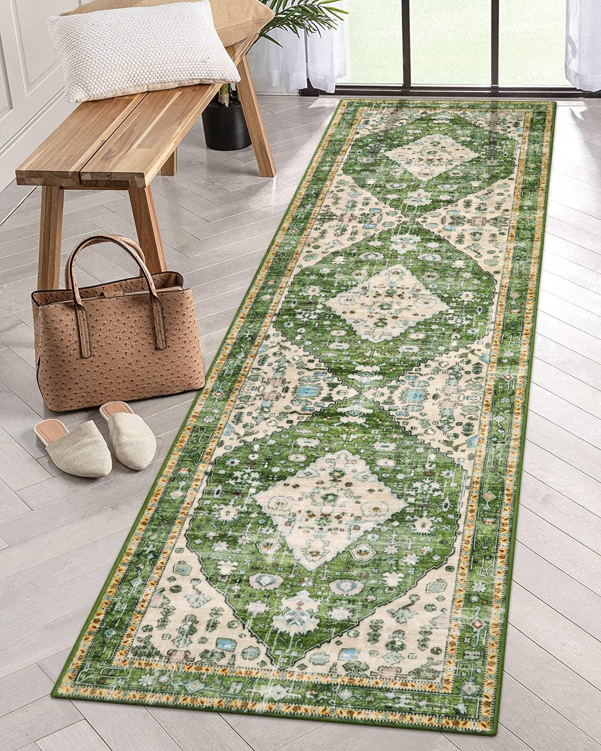Lahome Boho Tribal Runner Rug 2x8 Green Kitchen Rug Runner Laundry Room Mat, Bohemian Soft