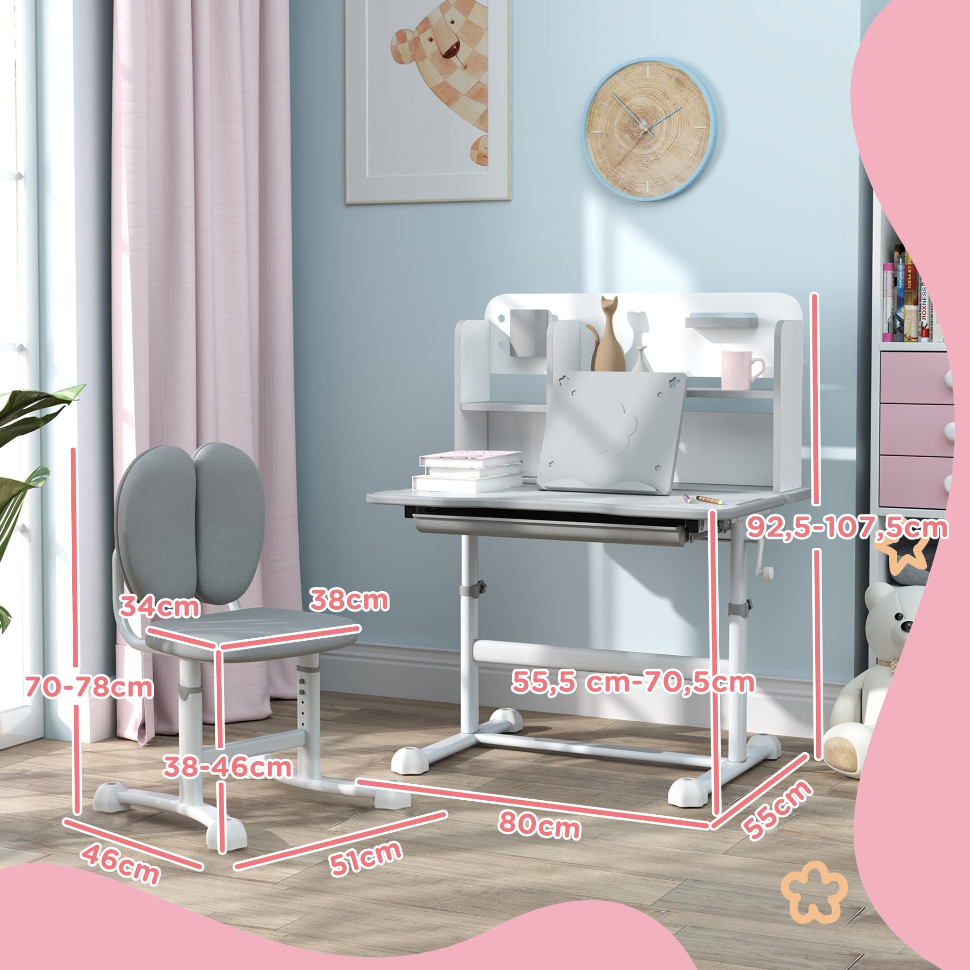 AIYAPLAY Juego de Escritorio y Silla para Niños de +3 Años, Pupitre Infantil Altura Ajustable con Tablero Inclinable, Cajón y Estantes, Respaldo Acolchado, para Libros, 80x55x107,5 cm, Gris