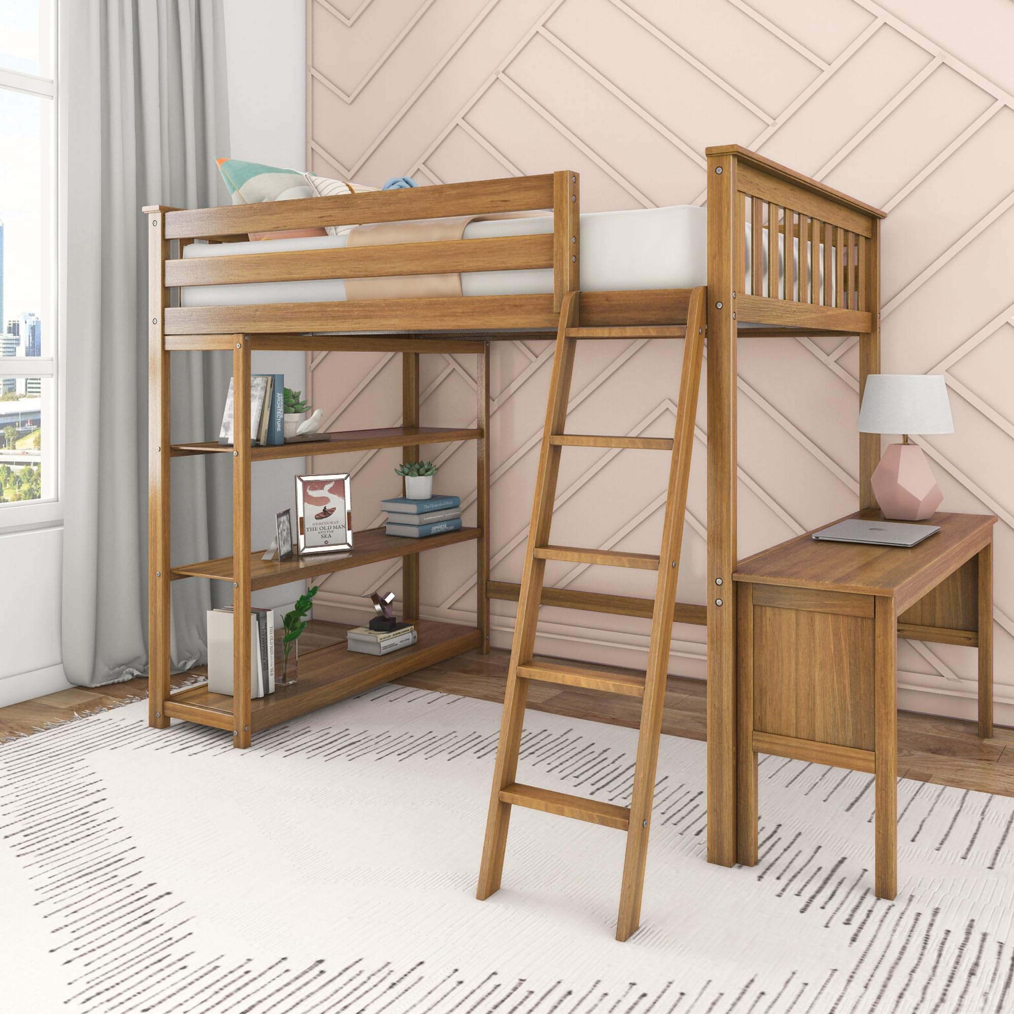 Photo 1 of **SOLD AS IS NO REFUND/RETURN** SEE COMMENTS!~Max & Lily Full Size High Loft Bed with Desk and Bookcase, Pecan, Solid Wood Modern Bed Frame for Kids/Teens, Pine, Non-Toxic Finish, 400 lb. Weight Capacity, Easy Assembly