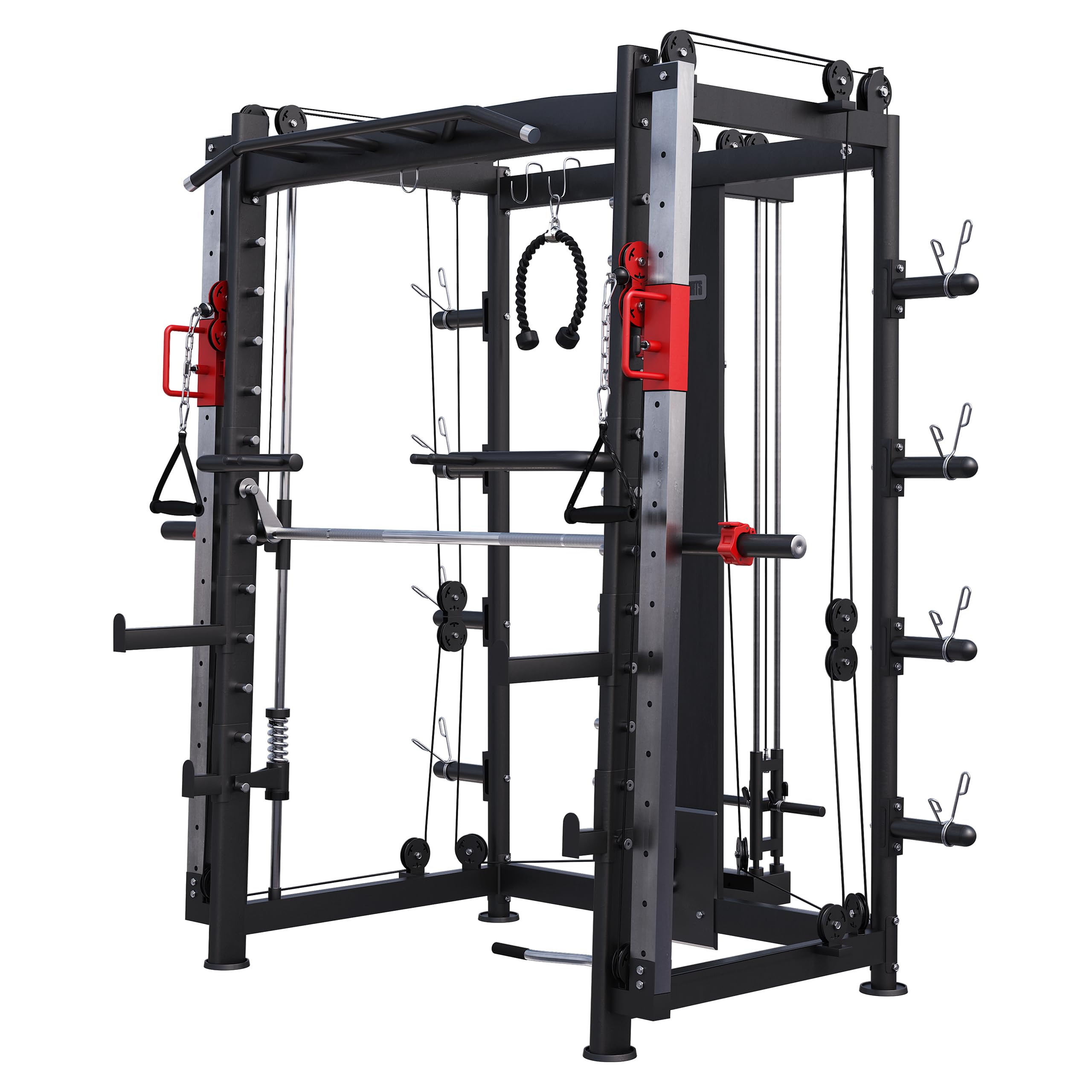 GORILLA SPORTS® Smith Maschine - mit Klimmzug, Rudern, Dip Station, Bizeps/Trizepsgriff, Langhantel und Hantelscheiben Aufnahme, Verstellbar, Stahl - Multipresse, Power Rack, Kraftstation, Power Cage