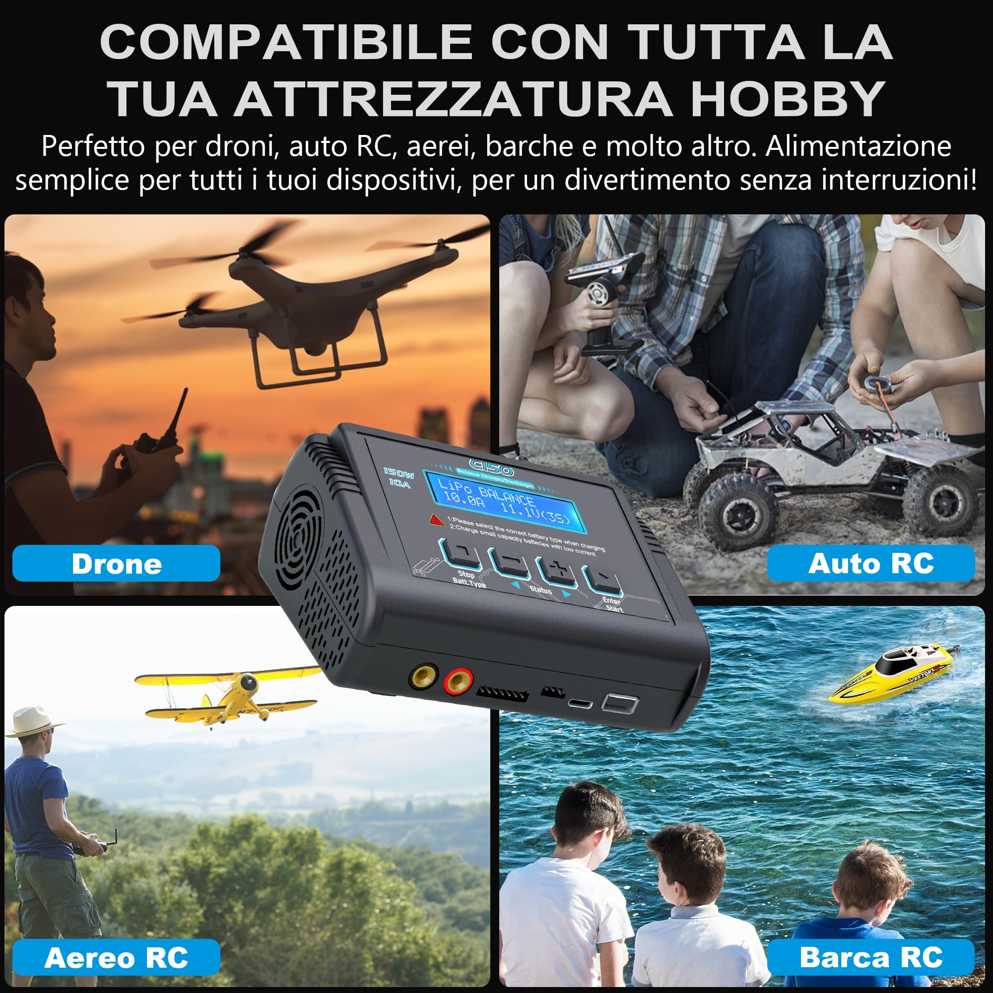 HTRC C150 Caricabatterie Lipo 150W 10A – Caricabatterie RC e Bilanciatore Batterie per LiHV/LiPo/Li-Ion/LiFe (1-6S), NiMH/NiCd (1-15S), PB (2-20V) – AC/DC, Display LCD, 20 Memorie