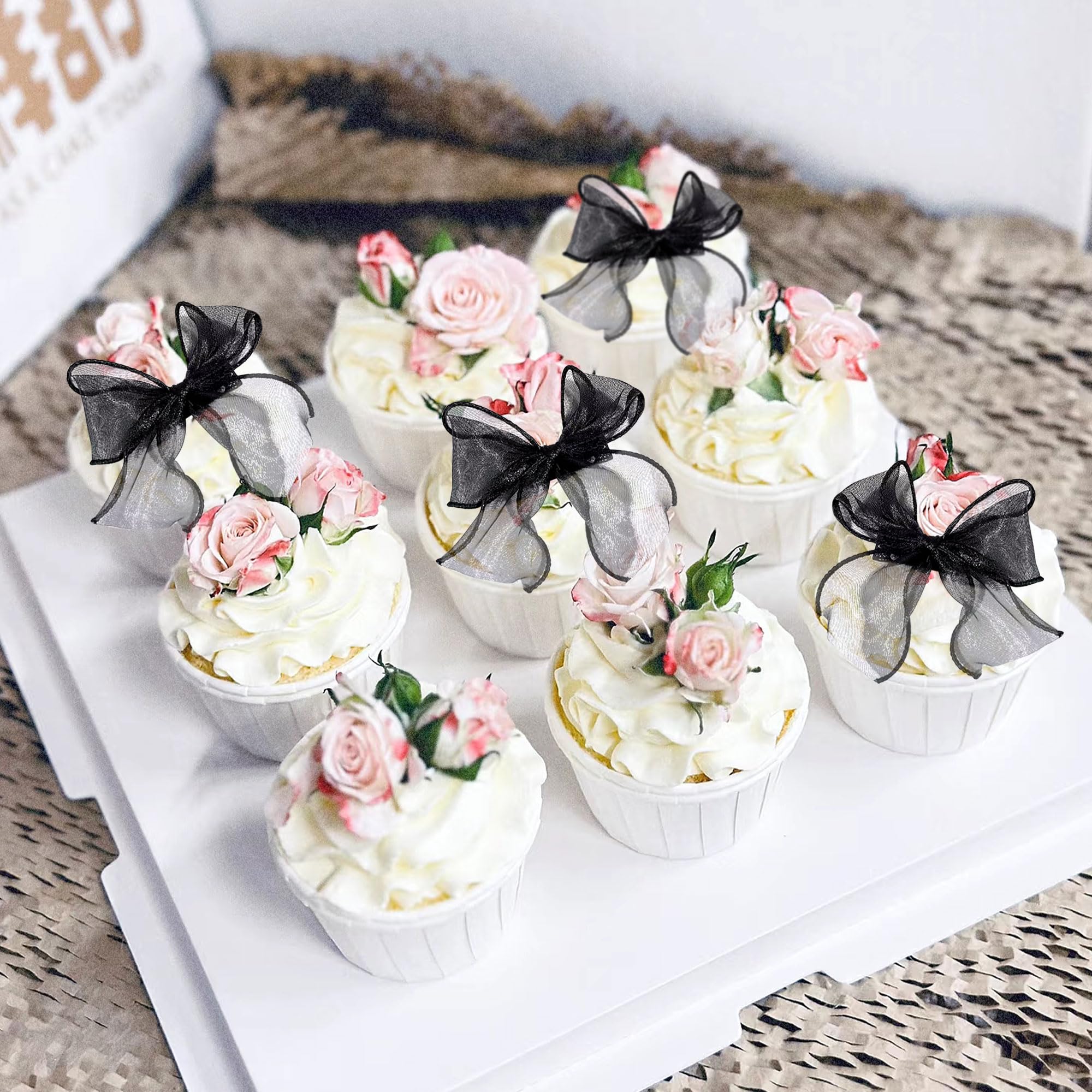 20 Pack Bow Cupcake Toppers Birthday Bowknot Black Bow High Footed Cup Balloon Party Decorations Cupcake Picks Bridal Cake Dessert Picks Baby Girl Birthday Wedding Party Supplies (black S)
