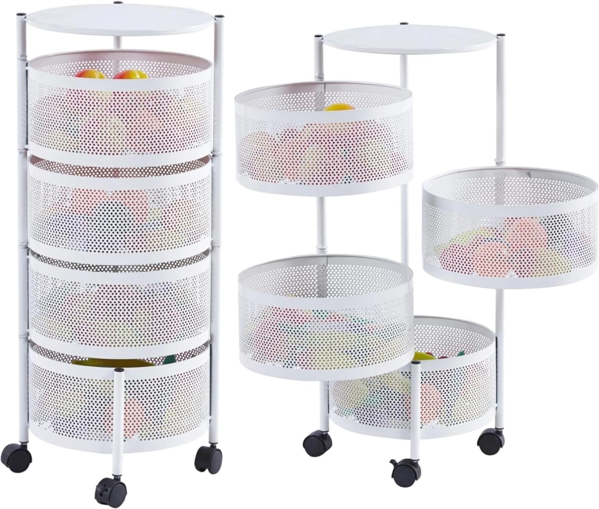 5 Tier Rotating Storage Trolley with Wheels – White Rolling Kitchen Vegetable Rack, 360° Swivel Baskets Utility Cart for Bathroom, Living Room & Office, Heavy Duty Steel Frame (White)