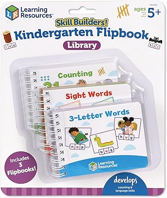 Learning Resources Skill Builders! Kindergarten Flipbook Library - 3 Pieces, Ages 5+, Kindergarten Learning Activities, Spelling and Counting for Kids, My First Library for Kids,Back to School