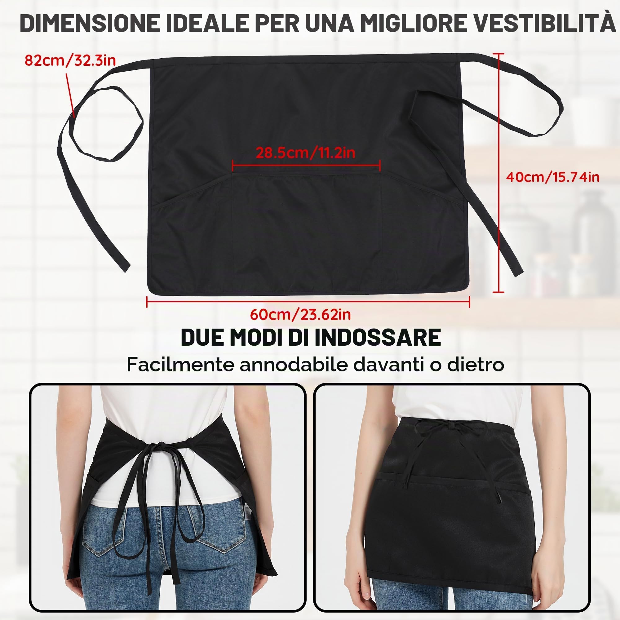 6 Pezzi Grembiuli, Mezzo Grembiuli da Cucina con 3 Tasche, Impermeabile Chef Grembiule per Uomini Donne, Grembiule Corto Cameriera Cameriere, Grembiule per Bistrot, Bar, Ristorante