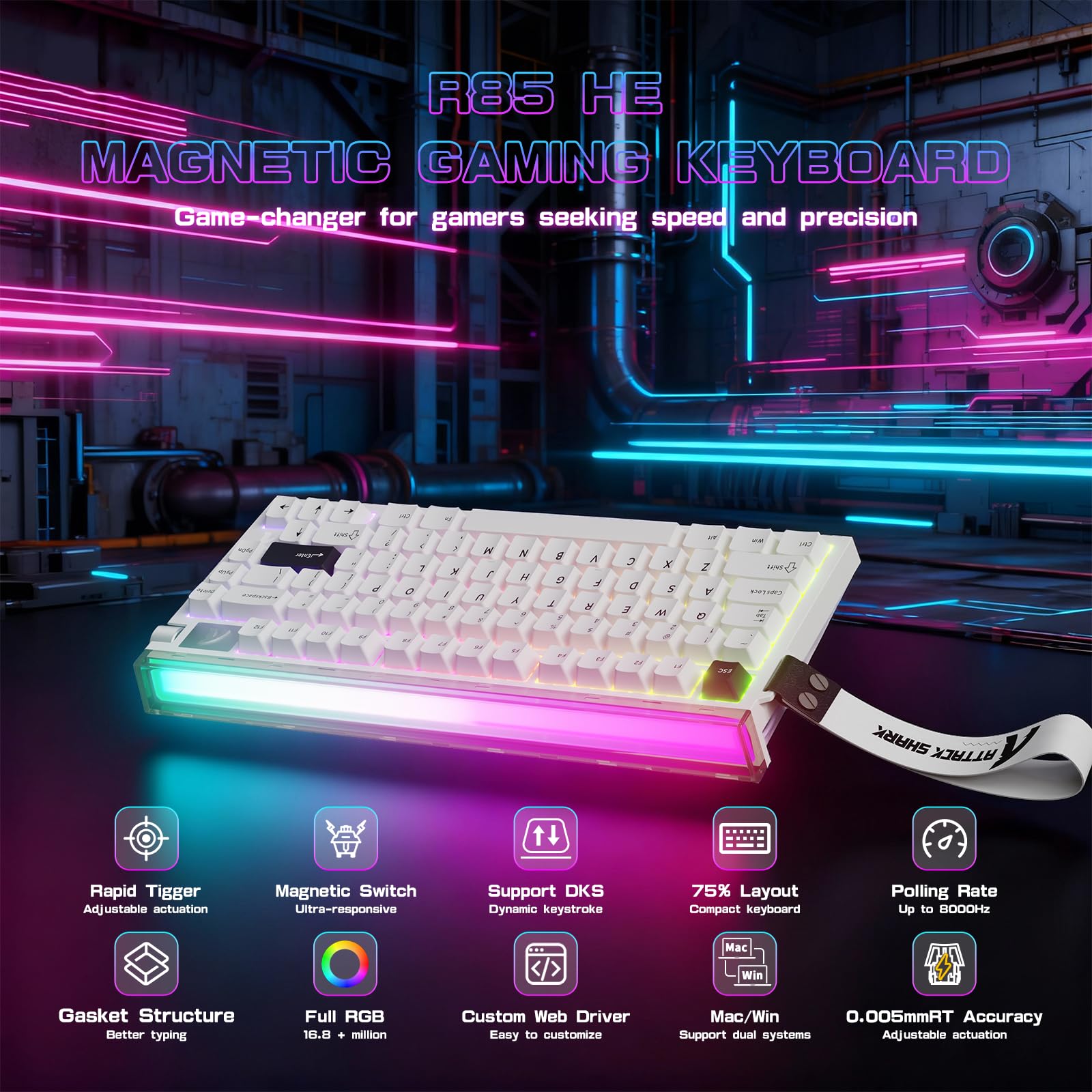 MAMBASNAKE x ATTACK SHARK R85HE 75% Przewodowa Klawiatura Magnetyczna, Częstotliwość Odpytywania 8000 Hz, Szybki Spust, Dokładność RT 0,005 mm, Opóźnienie 0,08 ms, Podświetlenie RGB Dla (Biała)