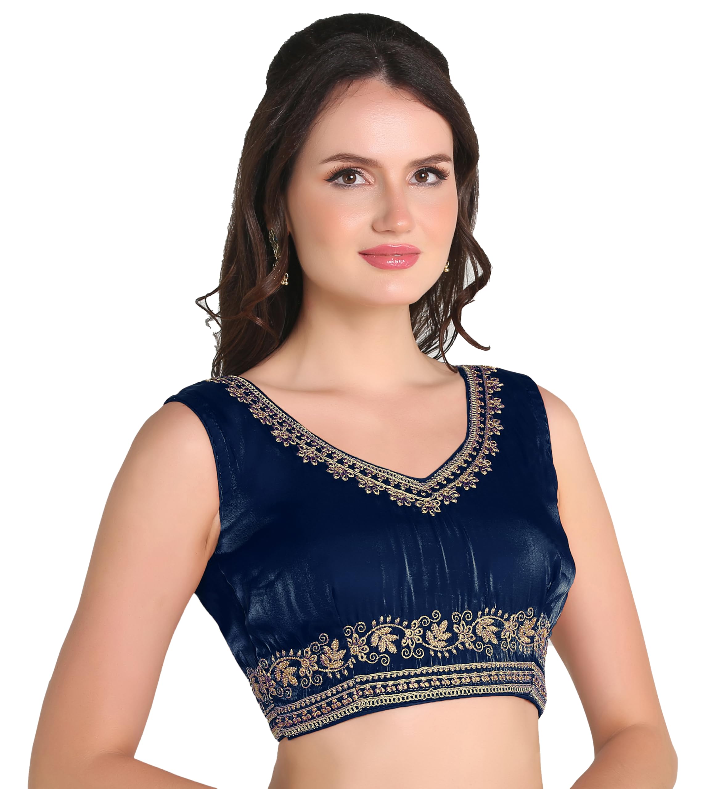 Pujia Mills Women's Heavy Milan Silk Sequin Embroidered V Neck Sleeveless Readymade Saree Blouse Indian Ethnic Designer Stitched Saree Blouse Sleeveless Blouse Readymade Blouse (Morpeach, 32)