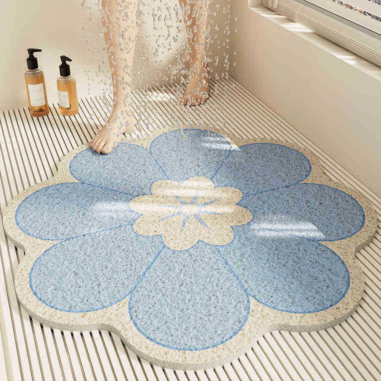 Round Floral Pattern Shower Mat for Indoor Bath, Non Slip PVC Sponge Bathroom Floor Mat with Drainage Holes, Quick Dry Anti Mould Shower Room Foot Mat (E,90 * 90cm)