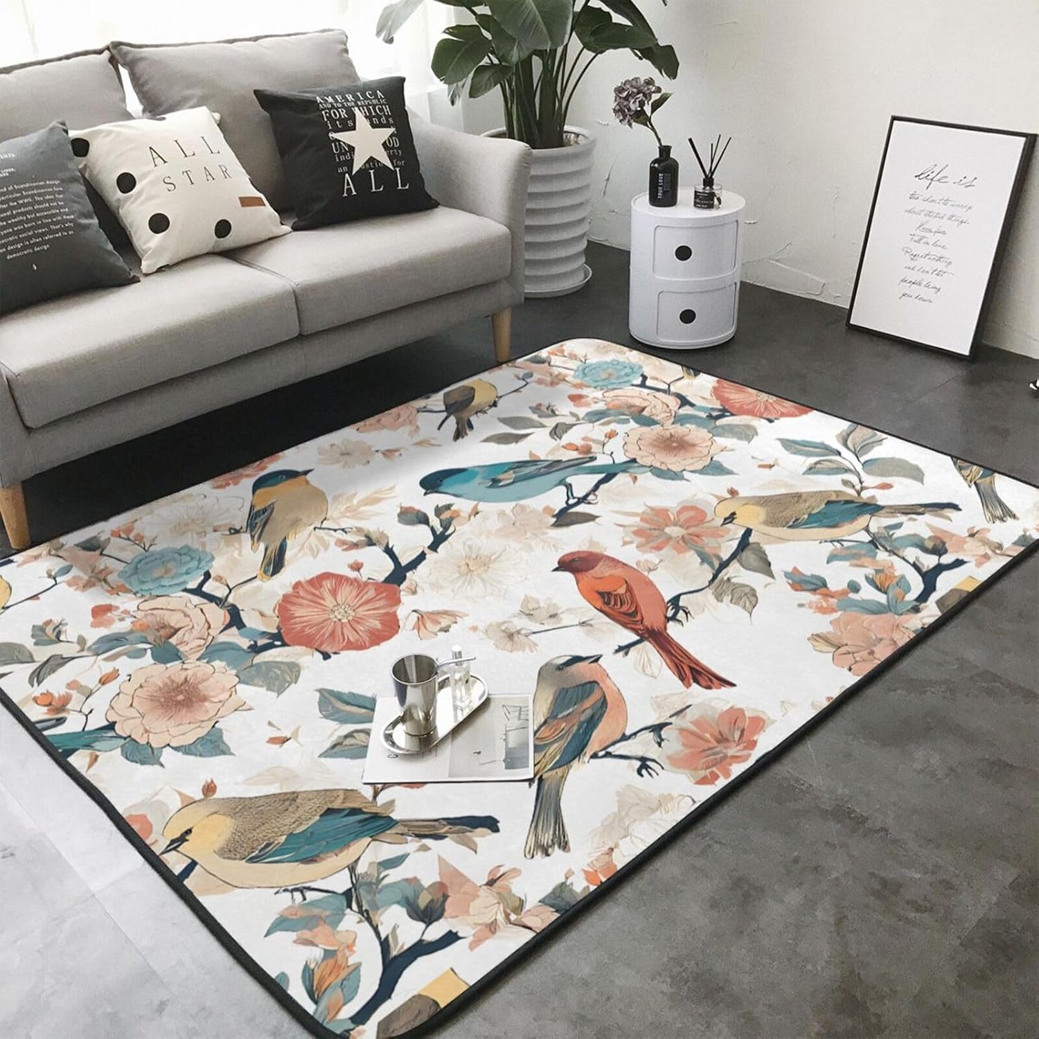 Flannel Non-Slip (Japanese Pine & Birds) Rug Pad 80×50in Soft Washable Protective for Hardwood Floors Bedroom Bathroom Living Room