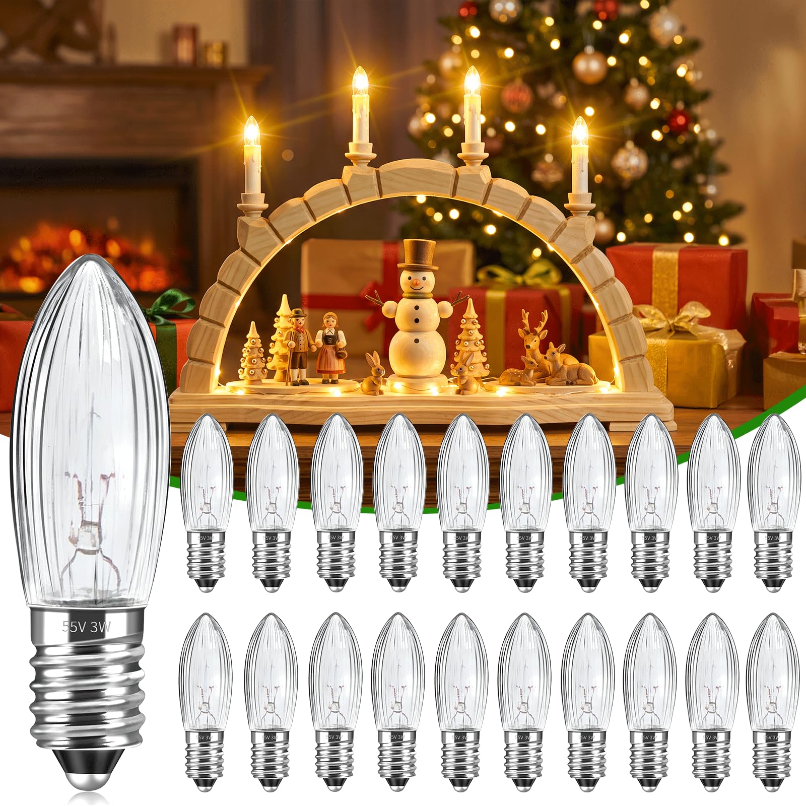 Caldarax 20 Pack E10 55V 3W Candle Bulbs, Bridge Replacement Bulbs, Warm White 2700K, MES Spare Christmas Light Bulbs for Arch, Candlestick, Pointed Candle, Fairy Lights