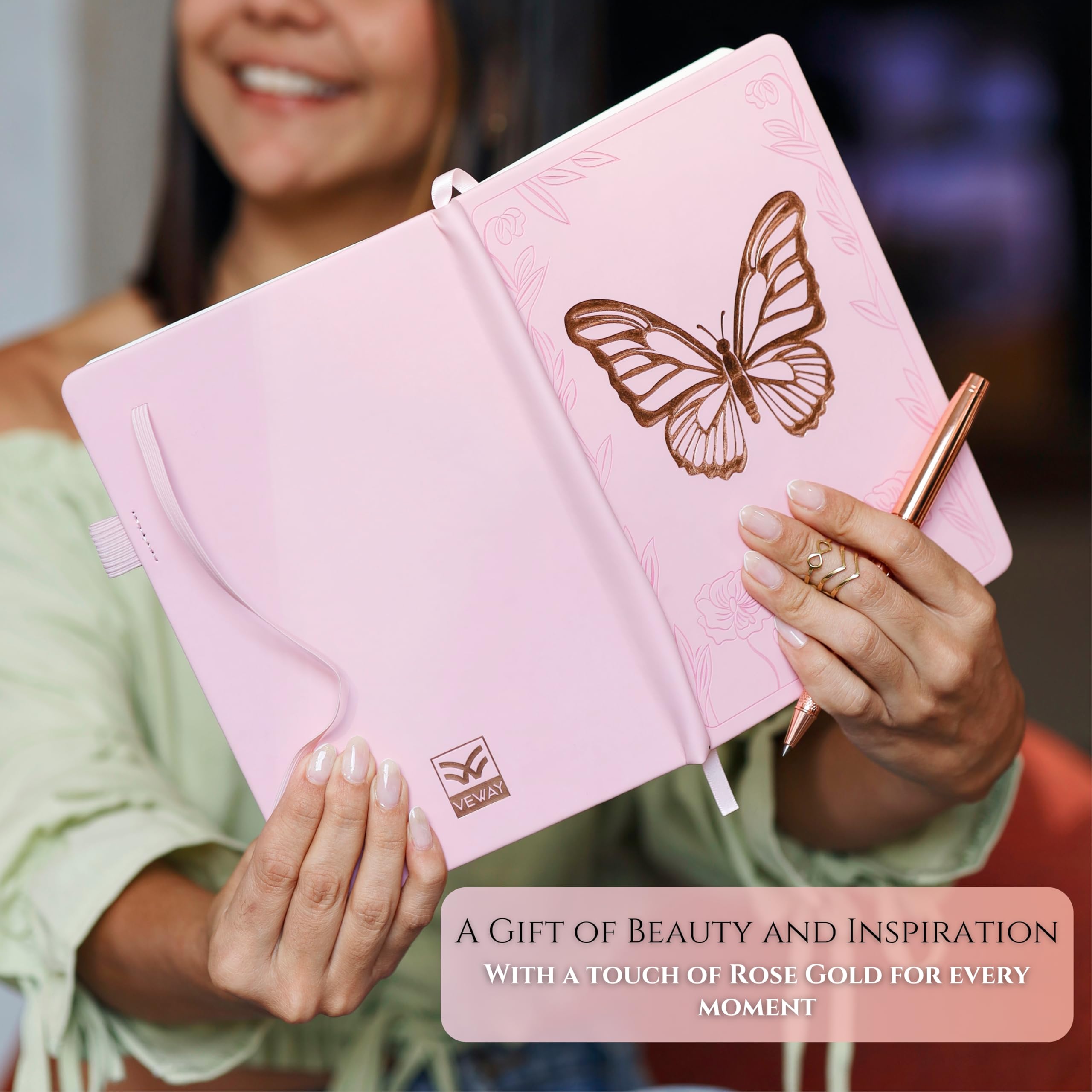 Veway Luxus Tagebuch und Stift Set für Frauen - A5 Notizbuch aus veganem Leder mit Stift - 224 linierte Seiten, Register & Geschenkverpackungen (Verzauberter Schmetterling)