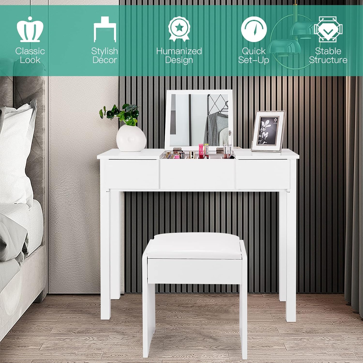 LDAILY Vanity Table Set w/Flip Top Mirror, 2-in-1 Design Dressing Table with Cushioned Stool & 2 Drawers, Great Gift Makeup Desk for Girls Women (White)