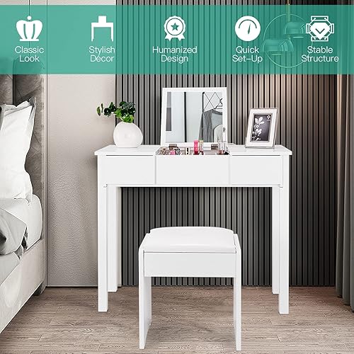 Miniatura 8 de LDAILY Juego de mesa de tocador con espejo abatible tocador de diseño 2 en 1 con taburete acolchado y 2 cajones gran regalo de maquillaje para niñas