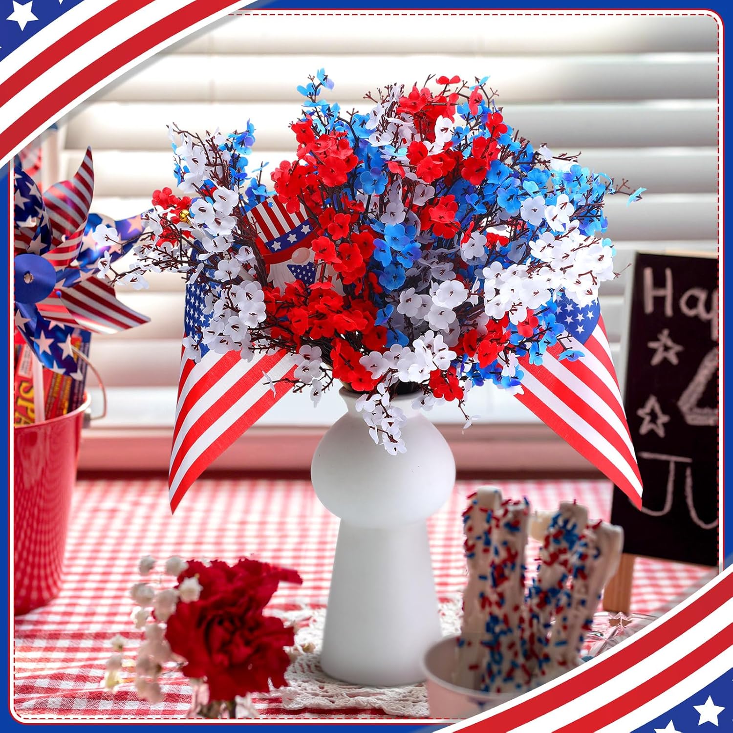 Giegxin 24 Pcs Red Blue White Patriotic Artificial Flowers 4th of July 250th Anniversary Table Centerpieces Decor Fake Baby's Breath Pick Stems Memorial Day for Veterans Home Gypsophila Outdoor Decor