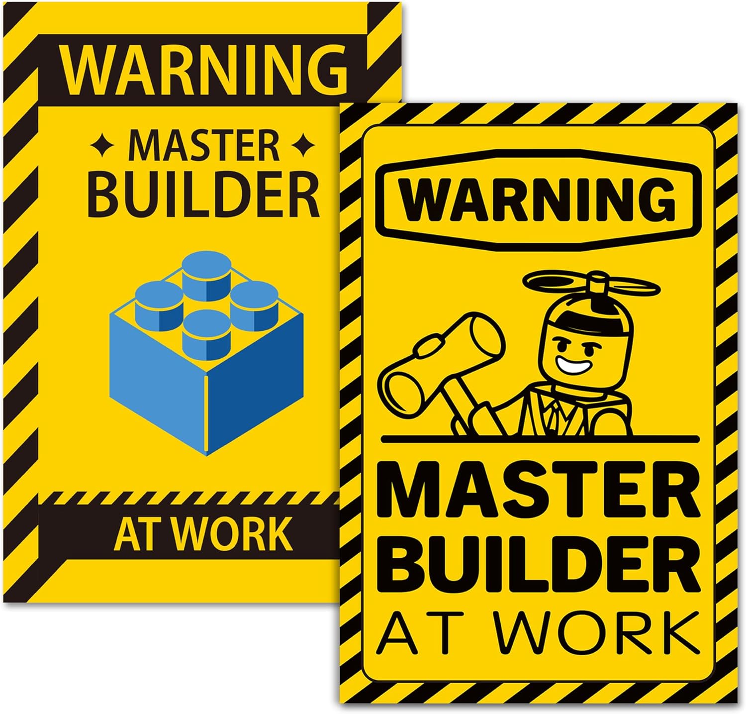 2 Pcs Wall Art Poster Caution Master Builder at Work, Vinyl Building Block Caution for Boys Room Décor, Fun Design Poster for Kids, Playful Room Decorations Stickers Included
