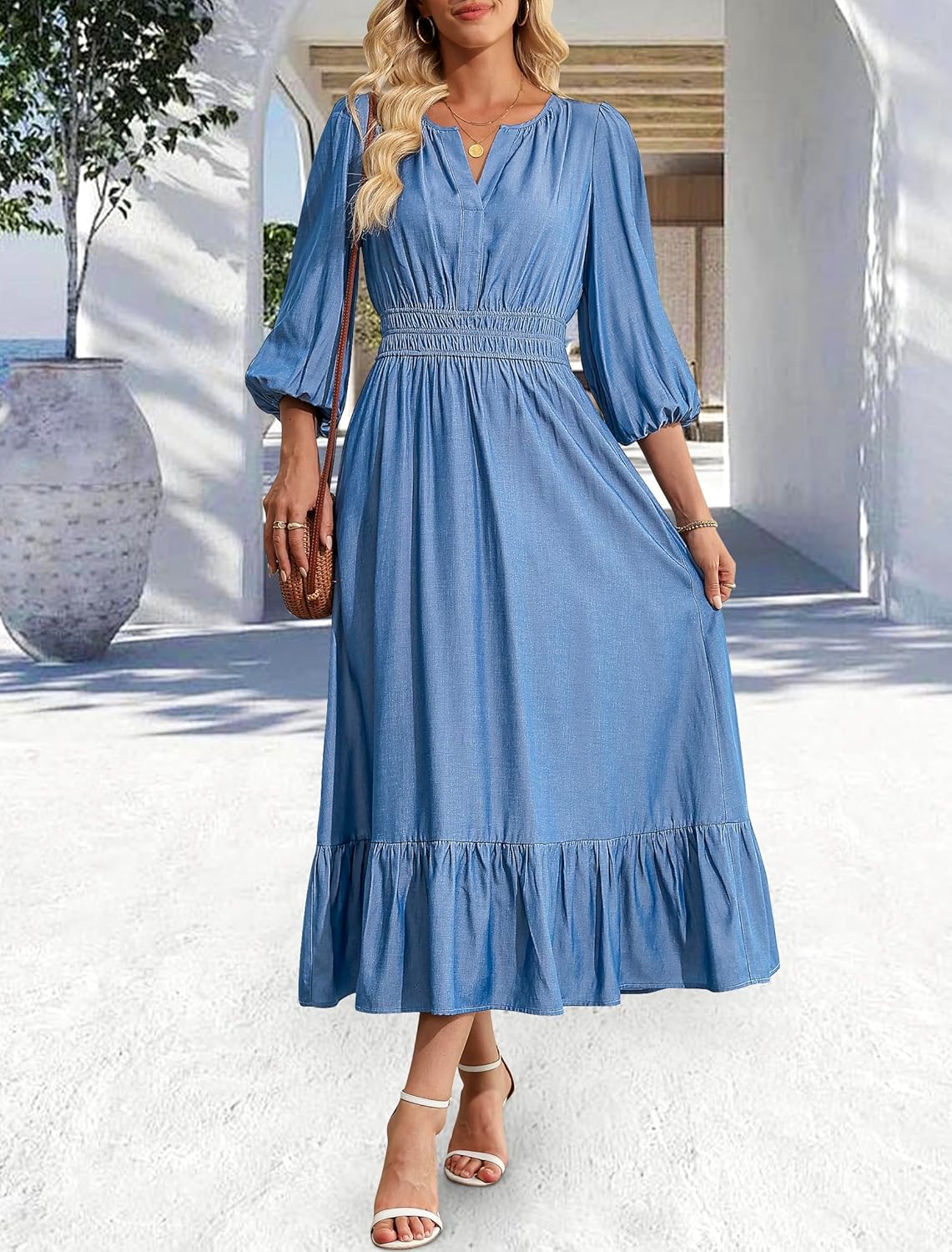 Eddoyee Women's Casual Maxi Dress with Pockets V Neck Midi Dresses Elbow Sleeve Elastic Waist Tiered Summer Outfits 2026 - Image 2