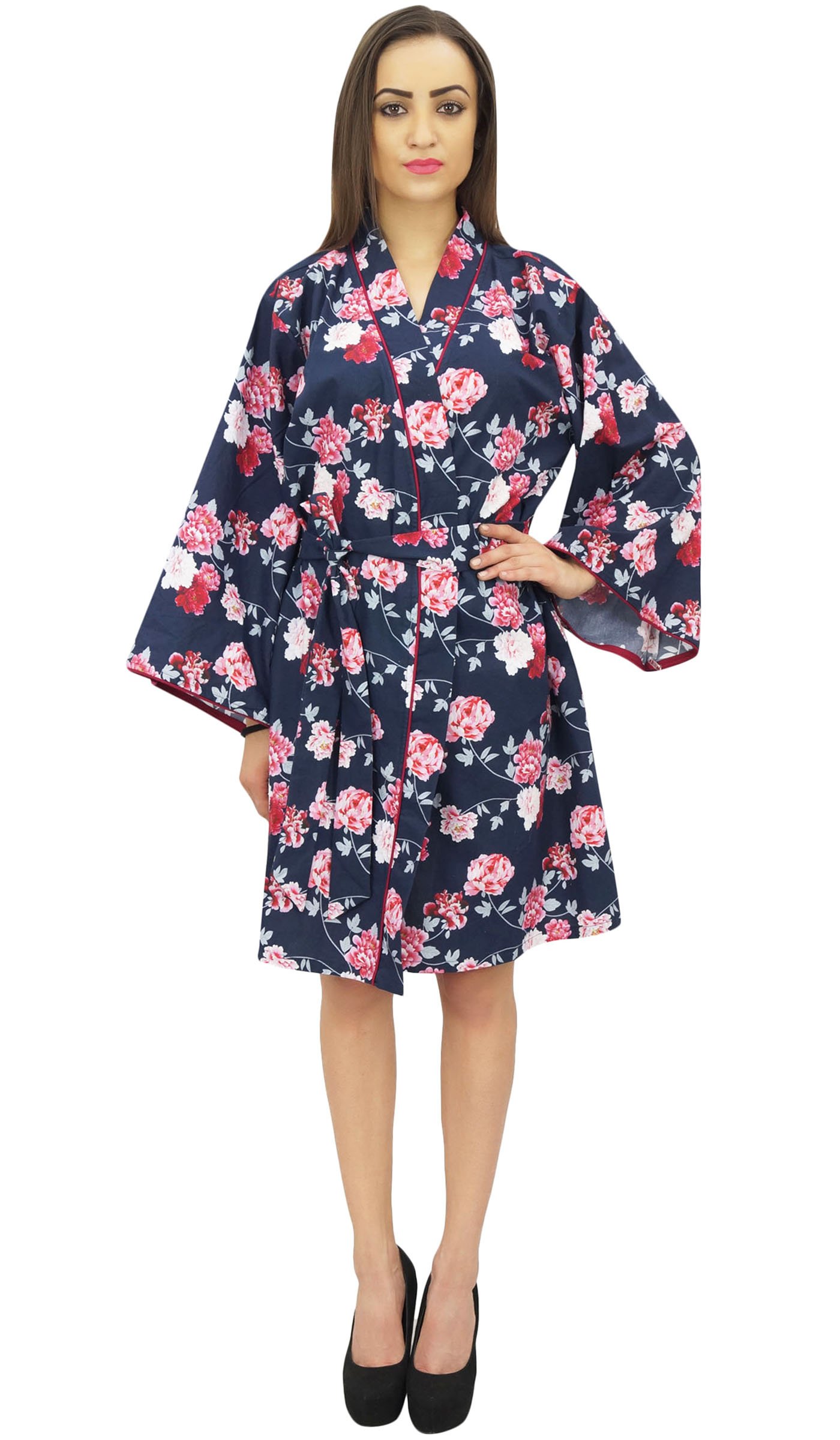 Bimba Mujeres Estampado De Flores De Algodon Popelin Kimono Coverup túnica con Belt - 36