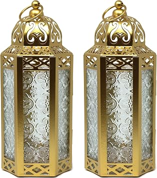 Vela Lanterns Decorative Indoor Moroccan Candle Holders, Gold, M, 2-Pack | Ramadan Decorations for Home, Eid Candle Lantern, Islamic Wedding Centerpiece, Hanging Tealight Votive Pillar Holder, 10.5in