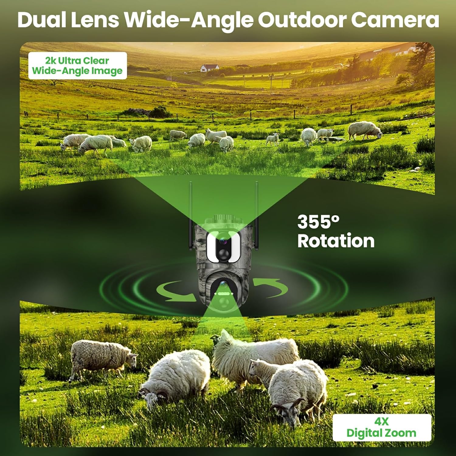 4G LTE Cellular Camera, 2K 360° Solar Camera Outdoor with Dual Lens, Built-in SIM Card, Full Color Night Vision, IP65 Waterproof, Remote Access, No WiFi Needed - Image 2