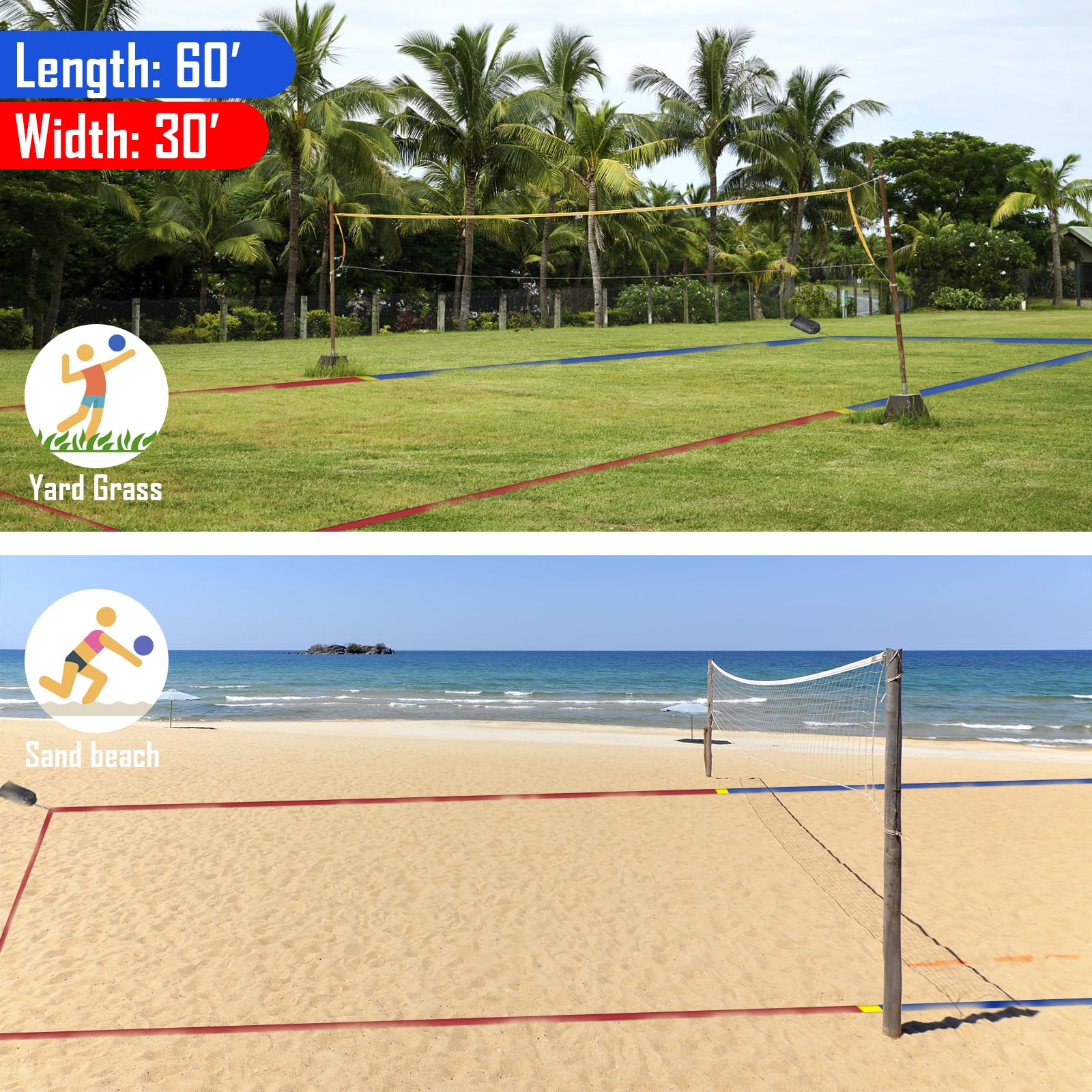 YUXUXU Professional Beach Volleyball Lines for Sand-2 Inch, Highly Visible, All-Weather, with Stainless Anchors & Sand Bags - Official Court 30' X 60'|Short Court 26.3' X 52.6'