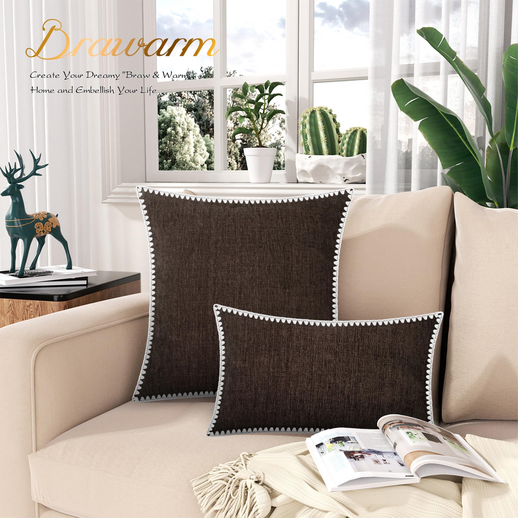 BRAWARM Throw Pillow Covers 18x18 Inches - Coffee Chenille Pillow Covers with Piping, Pack of 2 Solid Dyed Soft Chenille Pillow Cases for Couch Sofa Bed Home Decoration