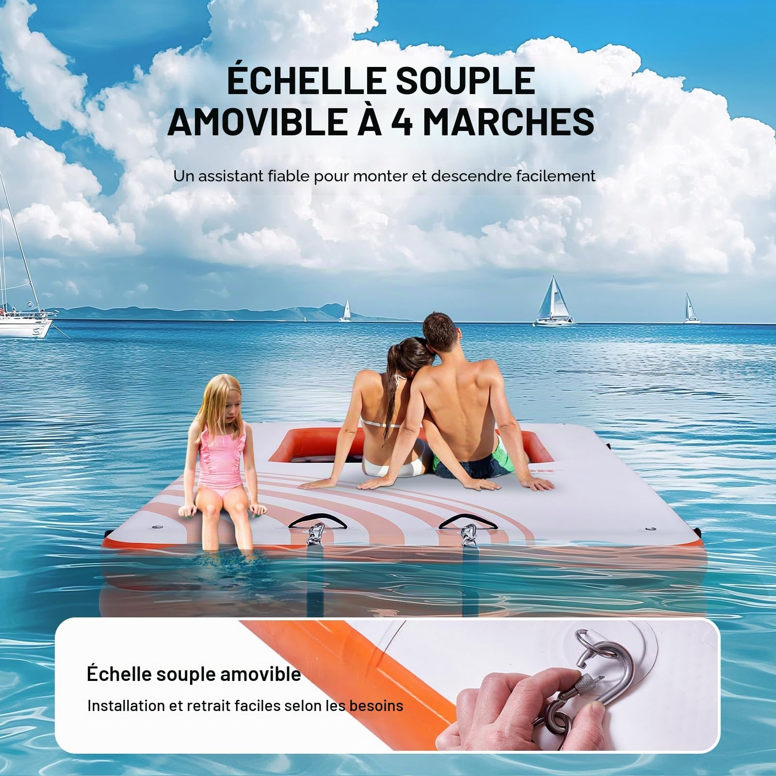 VEVOR Quai flottant gonflable, 4,57 x 1,98 m plate-forme de quai gonflable avec piscine maille 1,21 x 1,82 m, tapis d'eau antidérapante avec sac portable et échelle amovible pour détente piscine plage