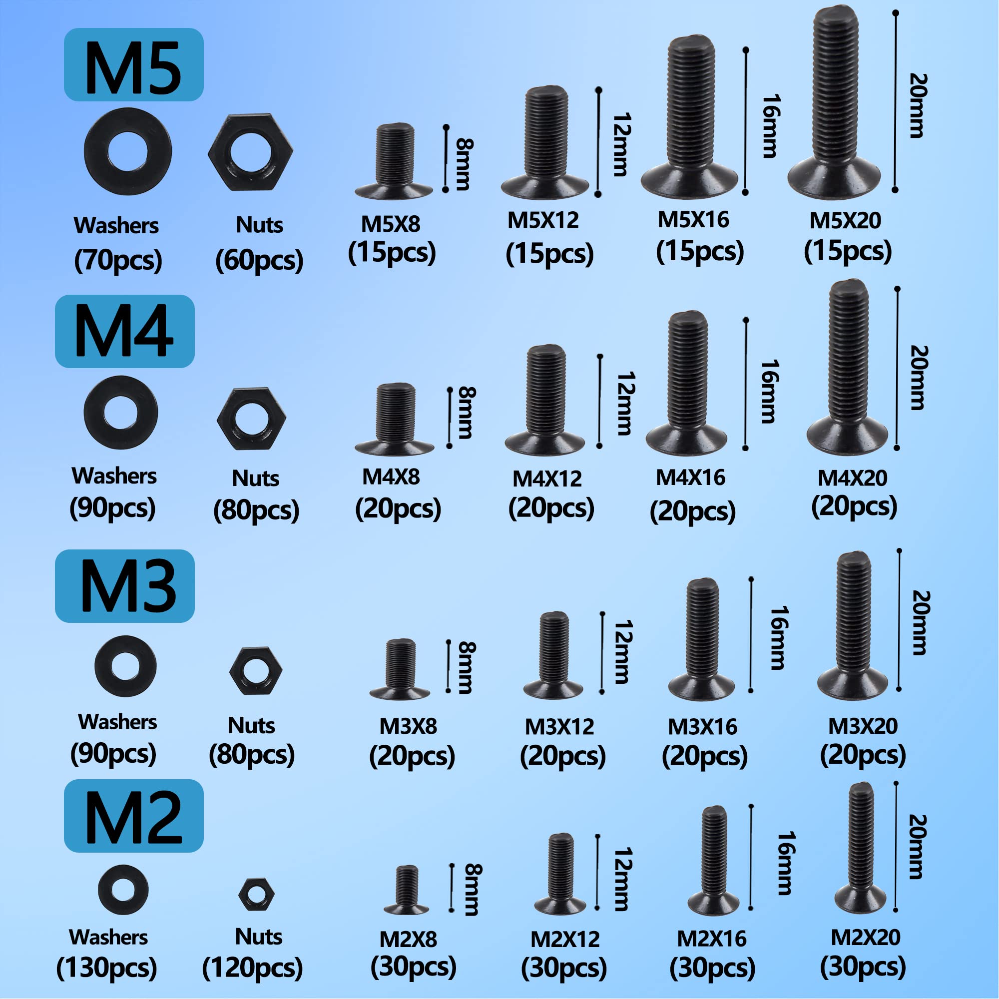 newlng M2 M3 M4 M5 Screws Set Carbon Steel Black Screws and Nuts Washers Set Countersunk Head Screws With Spanner - Image 2