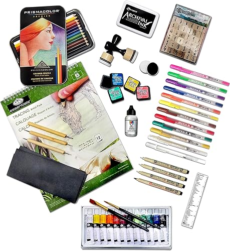 GT Luscombe Company Inc Deluxe Biblia Journaling Kit Lápices de colores pinturas acrílicas tintas angustiadas Gesso tinta de archivo sellos de
