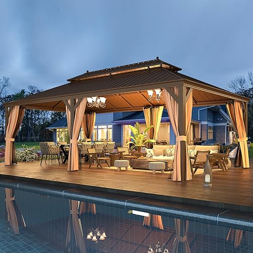 Miniatura 8 de EROMMY Cenador de techo rígido de 14 x 24 pies, toldo de acero galvanizado de doble techo, marco de aluminio para exteriores, pabellón de metal