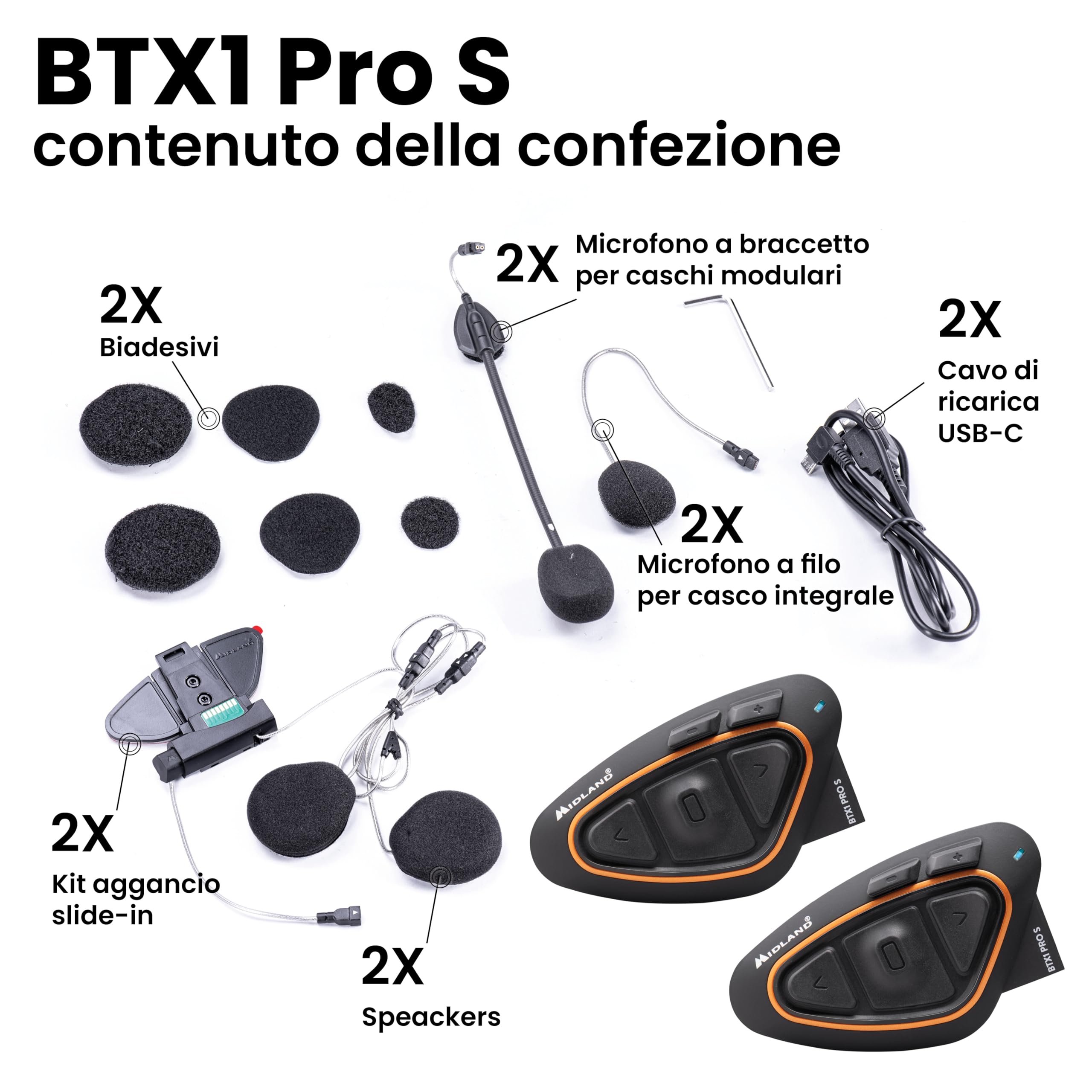 Midland BTX1 Pro Twin C1230.16, Interfono Moto Bluetooth Doppio, Auricolari Casco Impermeabili IPX6, Cancellazione del Rumore, Moto a Moto, Batteria 23h, Portata 300 m, Web Radio via App.