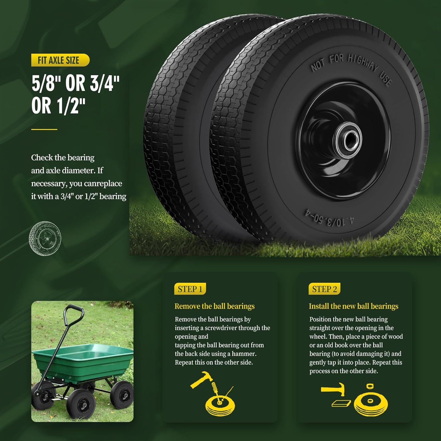 (2 Pack) 4.10/3.50-4 Flat Free Tire and Wheel 10-Inch Solid Wheel Replacement with 5/8 Extra 3/4 &1/2 Bearings,2.2" Offset Hub -Compatible with Hand Truck,Wheelbarrow(Wave,Black)