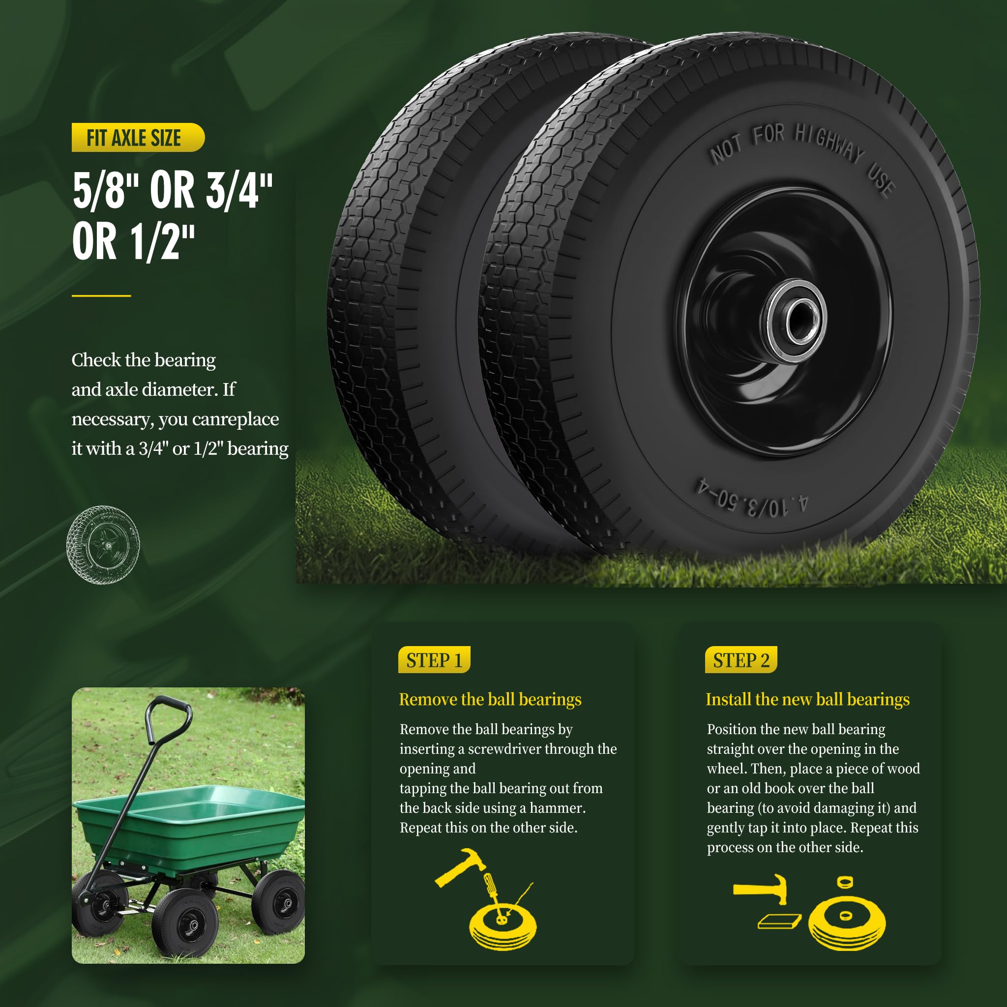 (2 sztuki) 4,10/3,50-4 10 mm solidna opona zastępcza i koło z dodatkowymi łożyskami 5/8 3/4 i 1/2, przesunięta piasta 5,71 cm - kompatybilna z taczką, taczką, taczką,