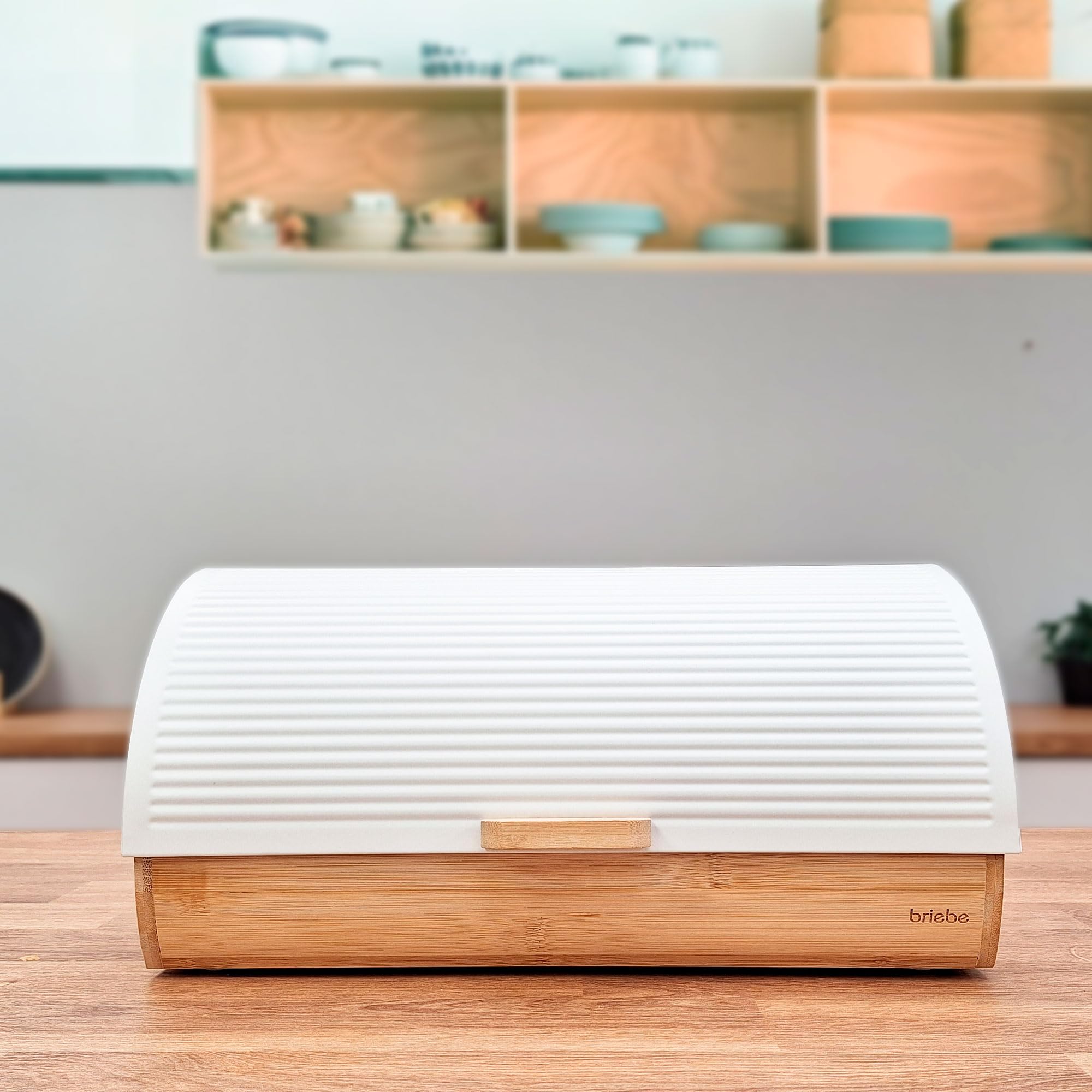 briebe Nordic Panera para Guardar Pan de Mesa Madera Bambú, Tapa Deslizante, Bread Box para Almacenamiento Pan y Bollería, Diseño Nórdico Moderno, Blanco